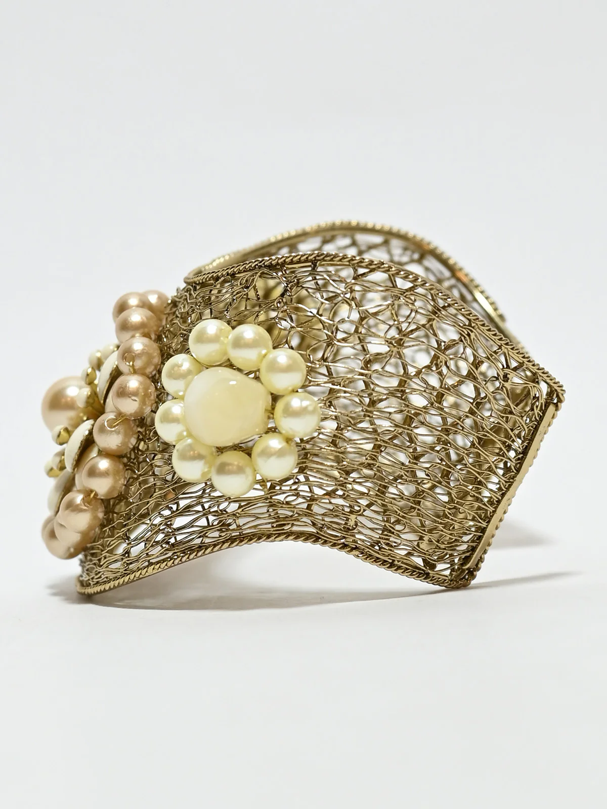 Odette Golden And White Alloy Pearl Cuff Bracelet For Women - Image 3