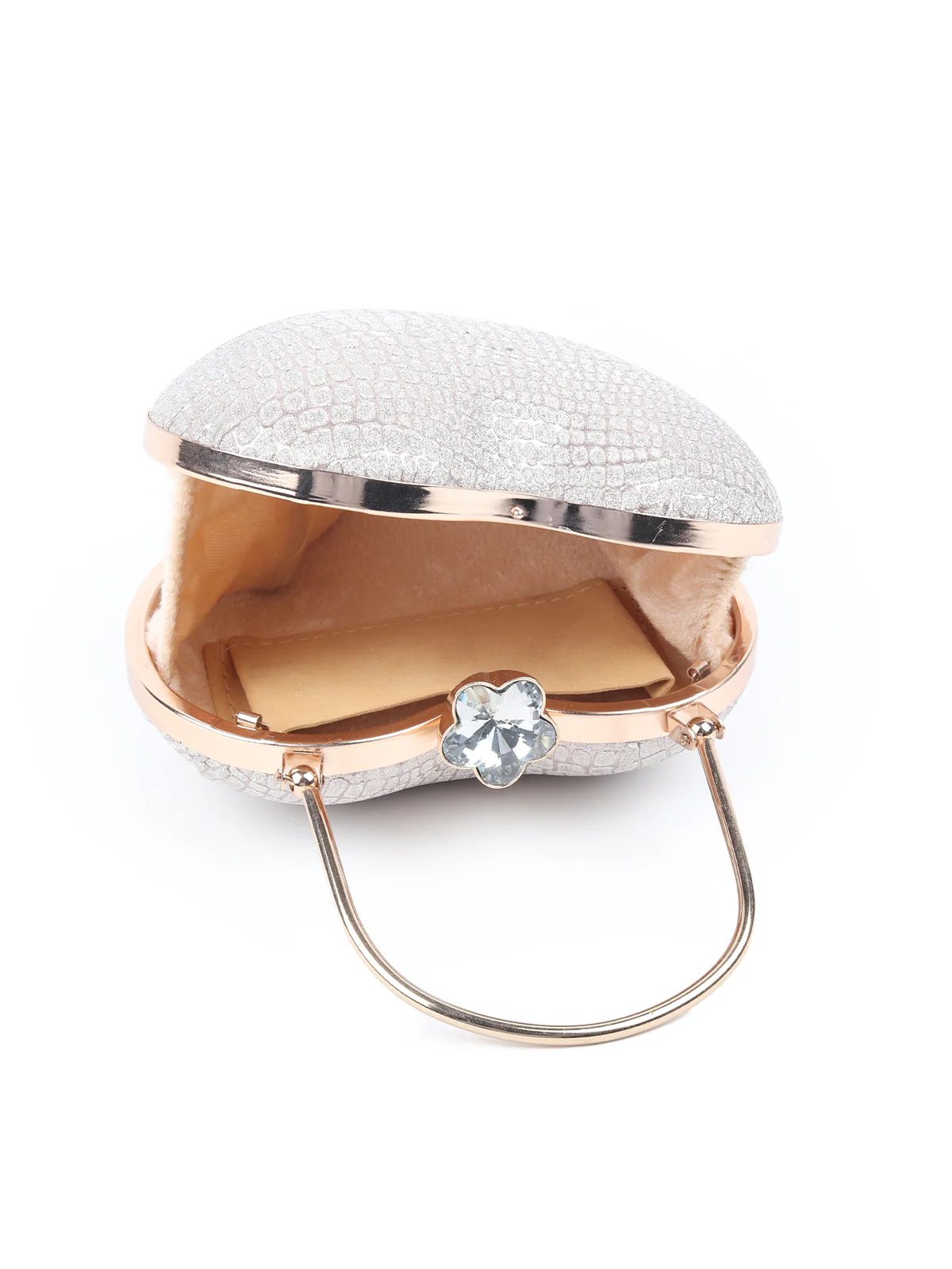 Odette Golden Heart Shaped Patterned Shimmery Clutch For Women - Image 5
