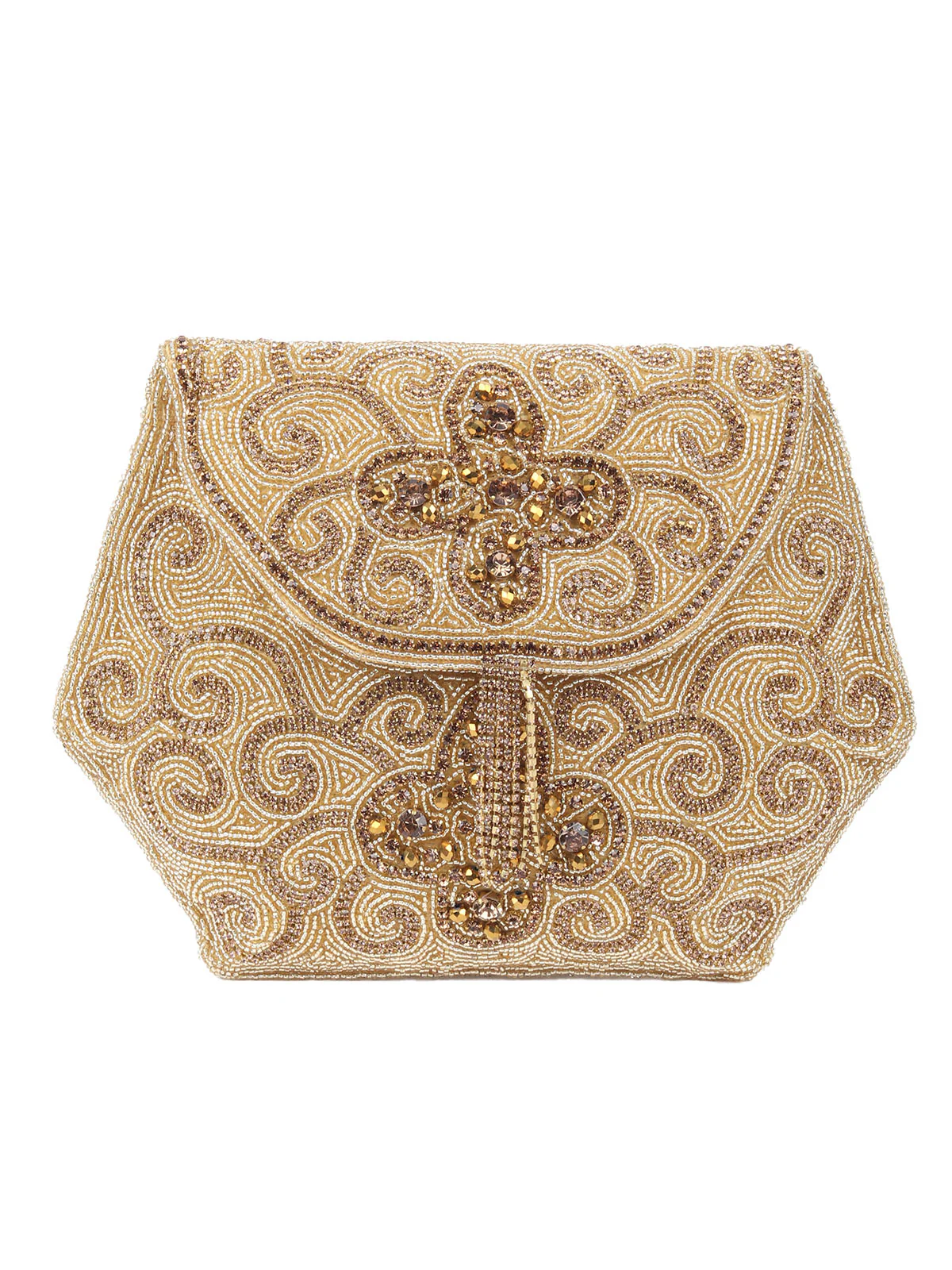 Odette Golden Jute Beads And Stone With Golden Metallic Chain Hand Bag For Women - Image 3