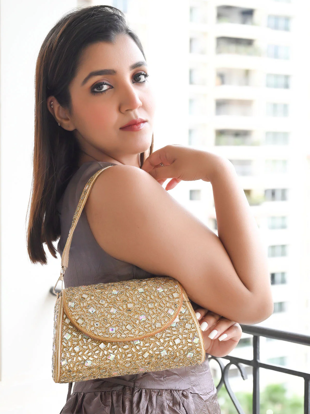 Odette Golden Jute Embellished Pure Silver Stone And Beads Hand Bag For Women
