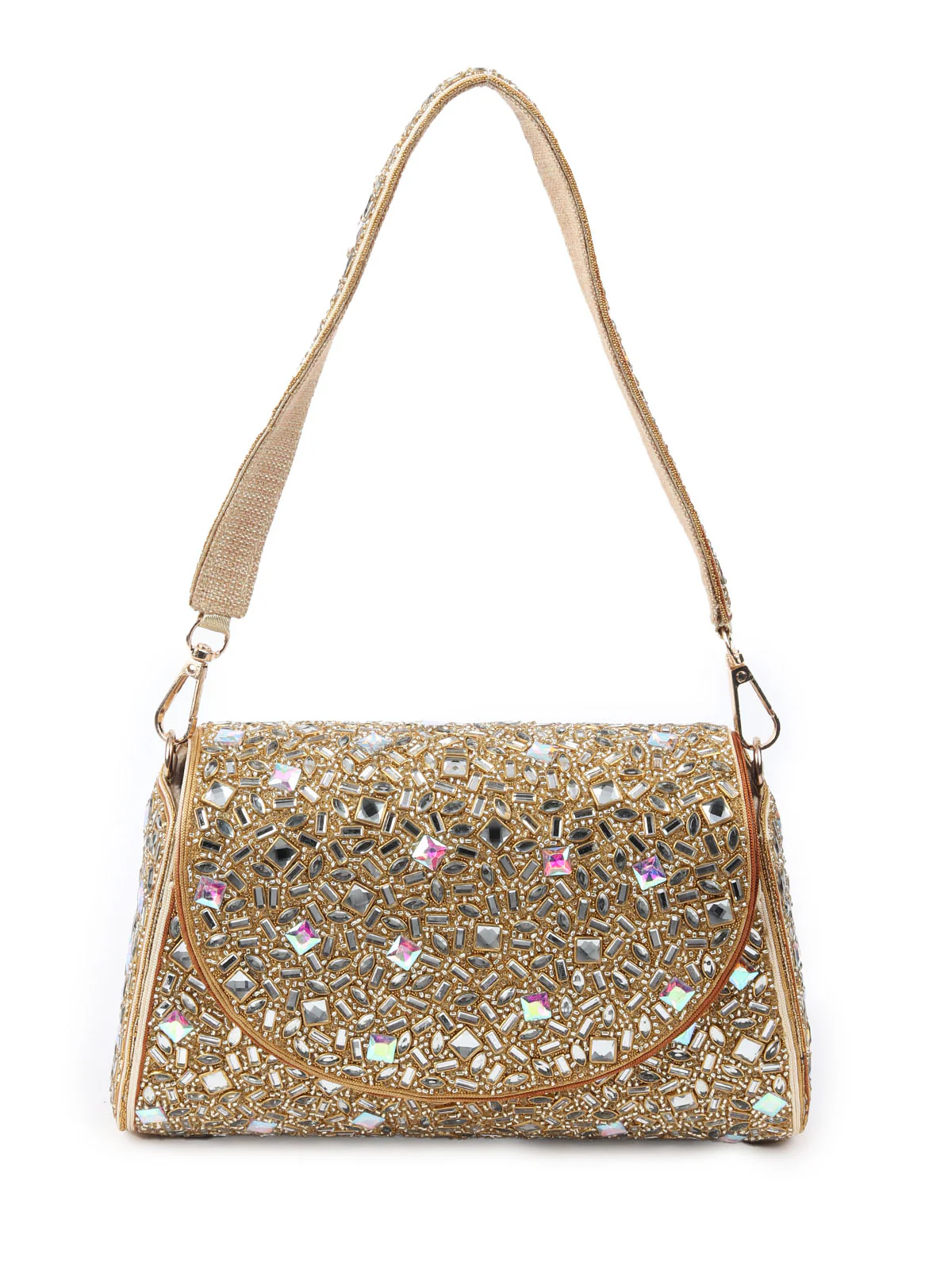 Odette Golden Jute Embellished Pure Silver Stone And Beads Hand Bag For Women - Image 3