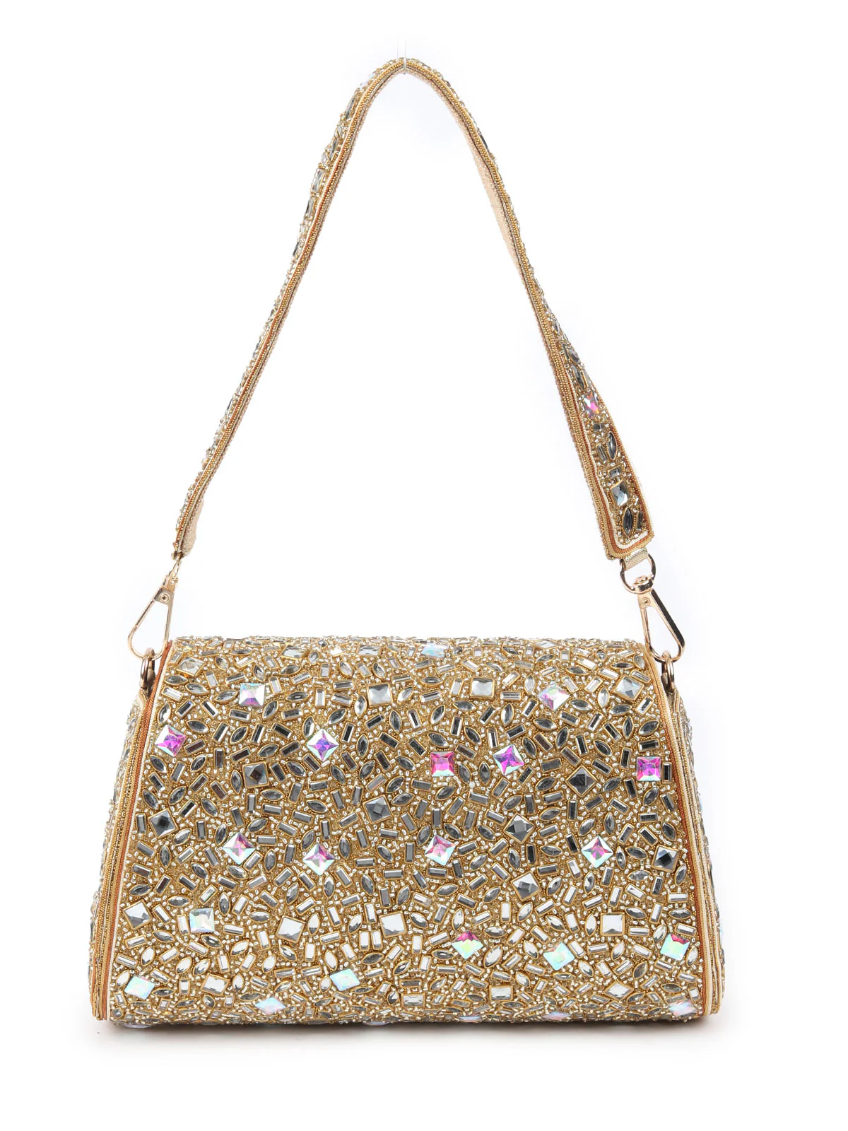 Odette Golden Jute Embellished Pure Silver Stone And Beads Hand Bag For Women - Image 5