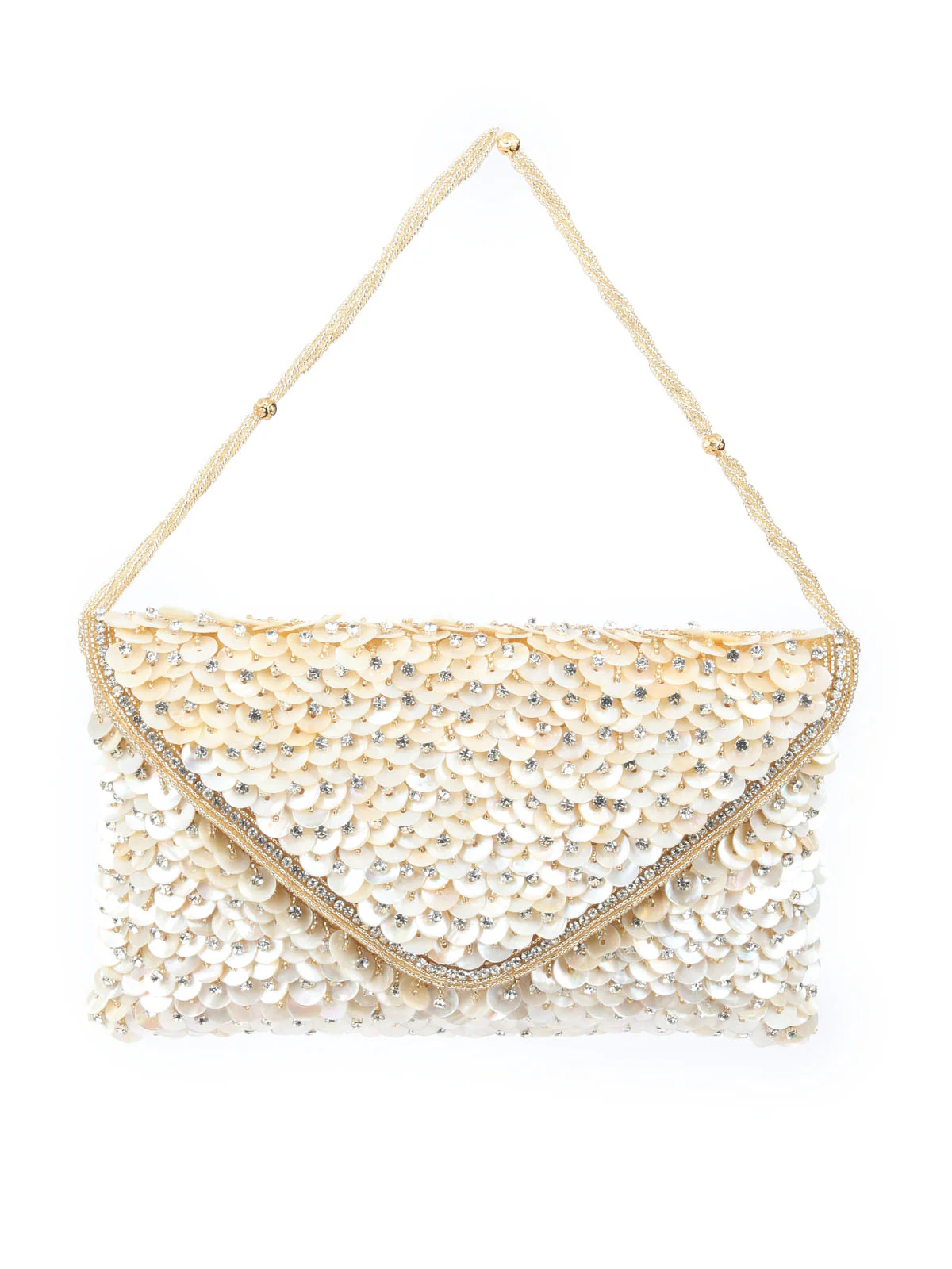 Odette Golden Jute Mother Of Pearl Embellished Bead work With Silver Stone Clutch For Women - Image 3