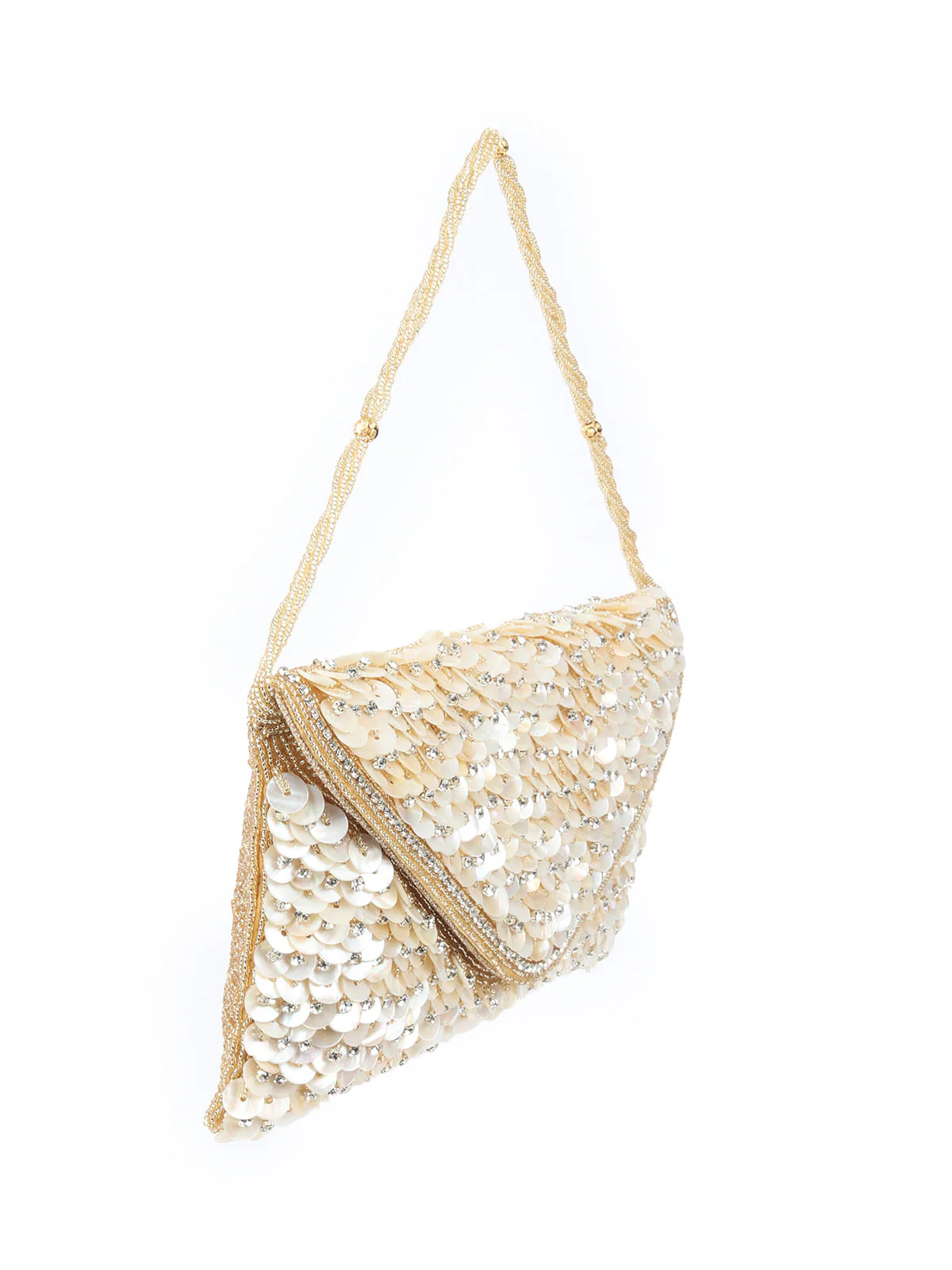 Odette Golden Jute Mother Of Pearl Embellished Bead work With Silver Stone Clutch For Women - Image 4