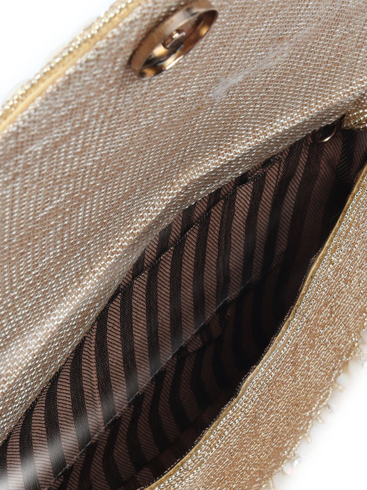 Odette Golden Jute Mother Of Pearl Embellished Bead work With Silver Stone Clutch For Women - Image 6