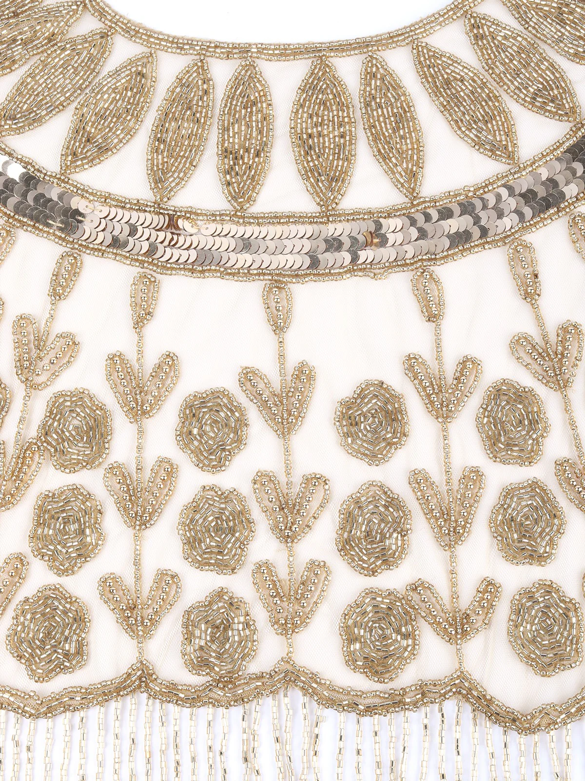 Odette Golden Net Cutdana Embroidered Tasseled Cape for Women - Image 6