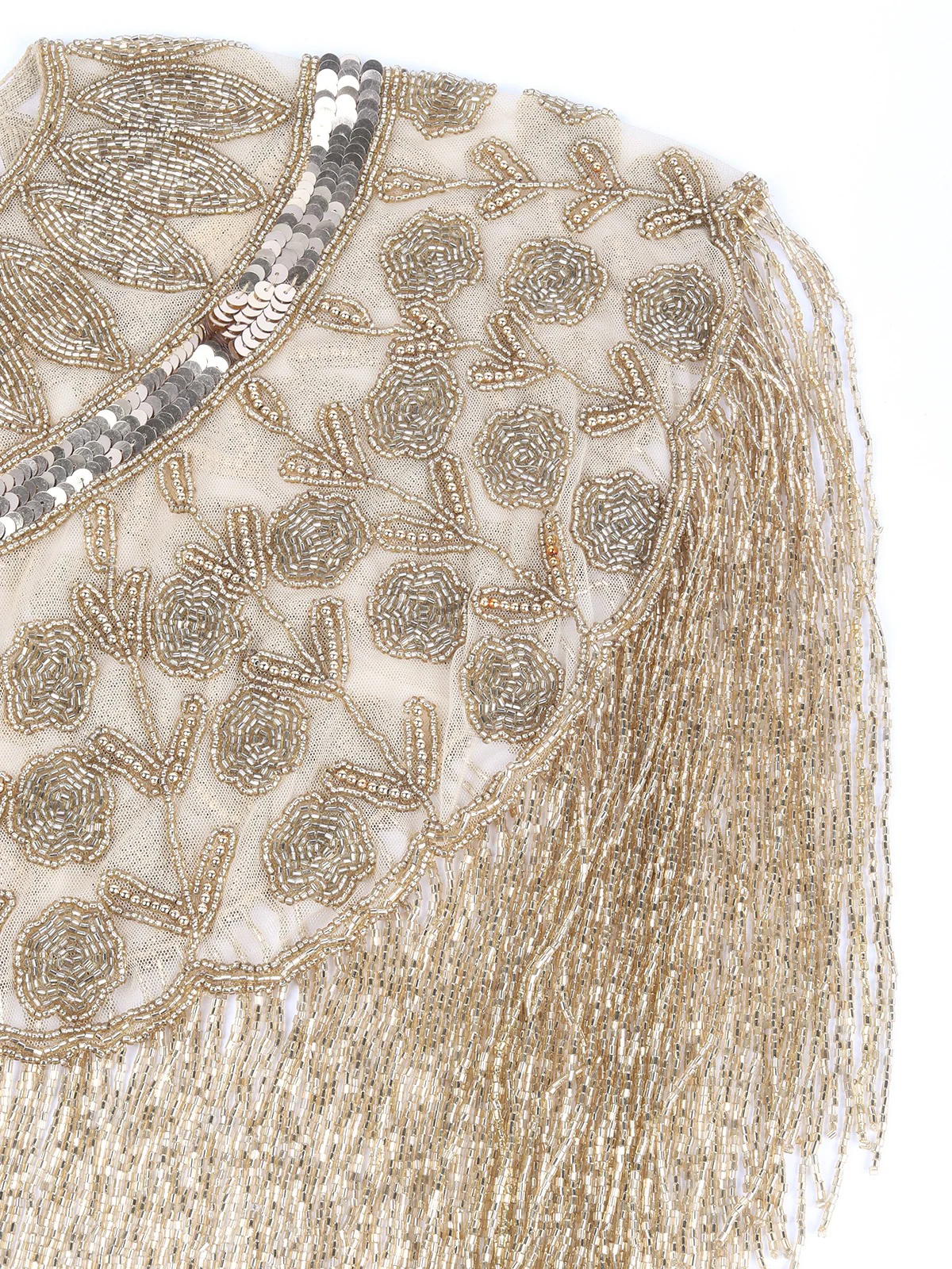 Odette Golden Net Cutdana Embroidered Tasseled Cape for Women - Image 7