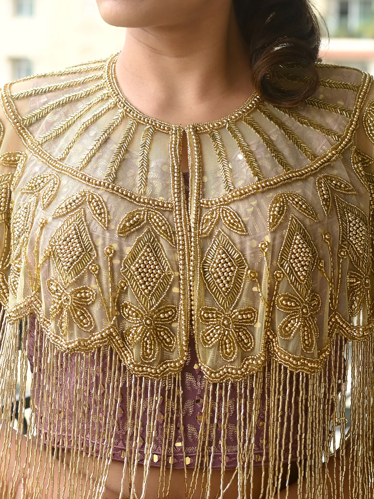 Odette Gold Net Cutdana Embroidered Tasseled Cape for Women - Image 4