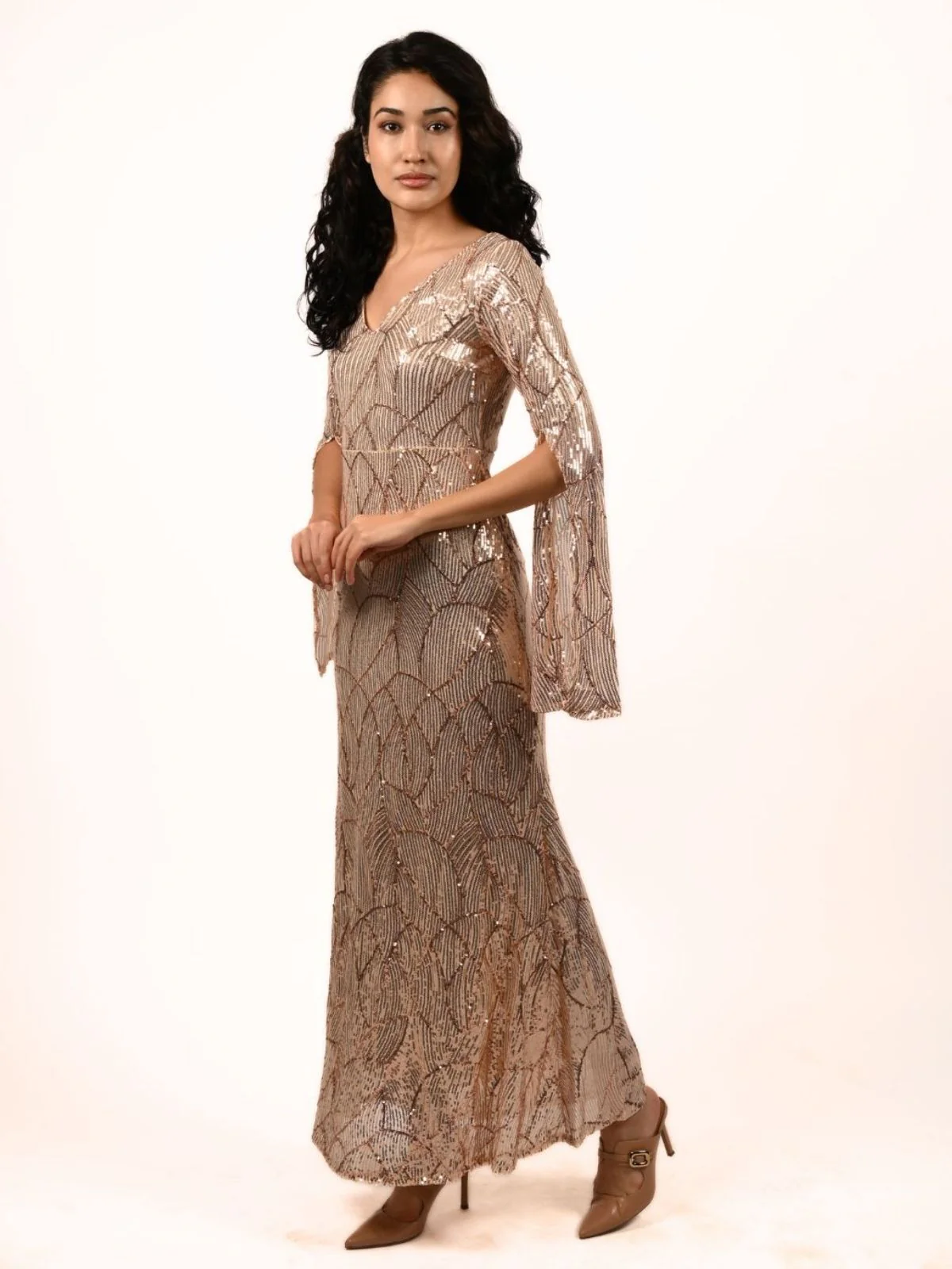 Odette Golden Net Embellished Dress For Women - Image 2