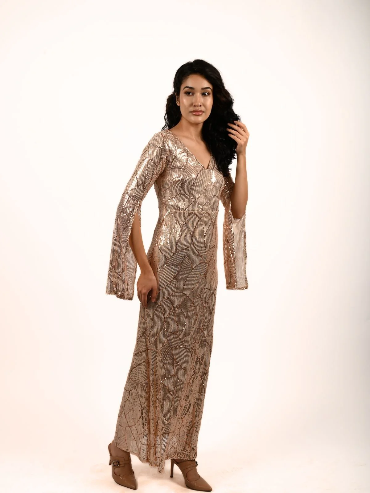 Odette Golden Net Embellished Dress For Women - Image 4