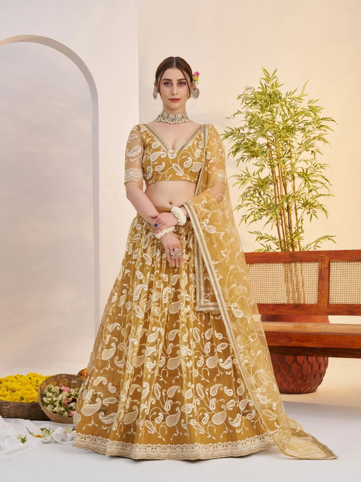 Odette Golden Net Embroidered Semi Stitched Lehenga For Women - Image 2