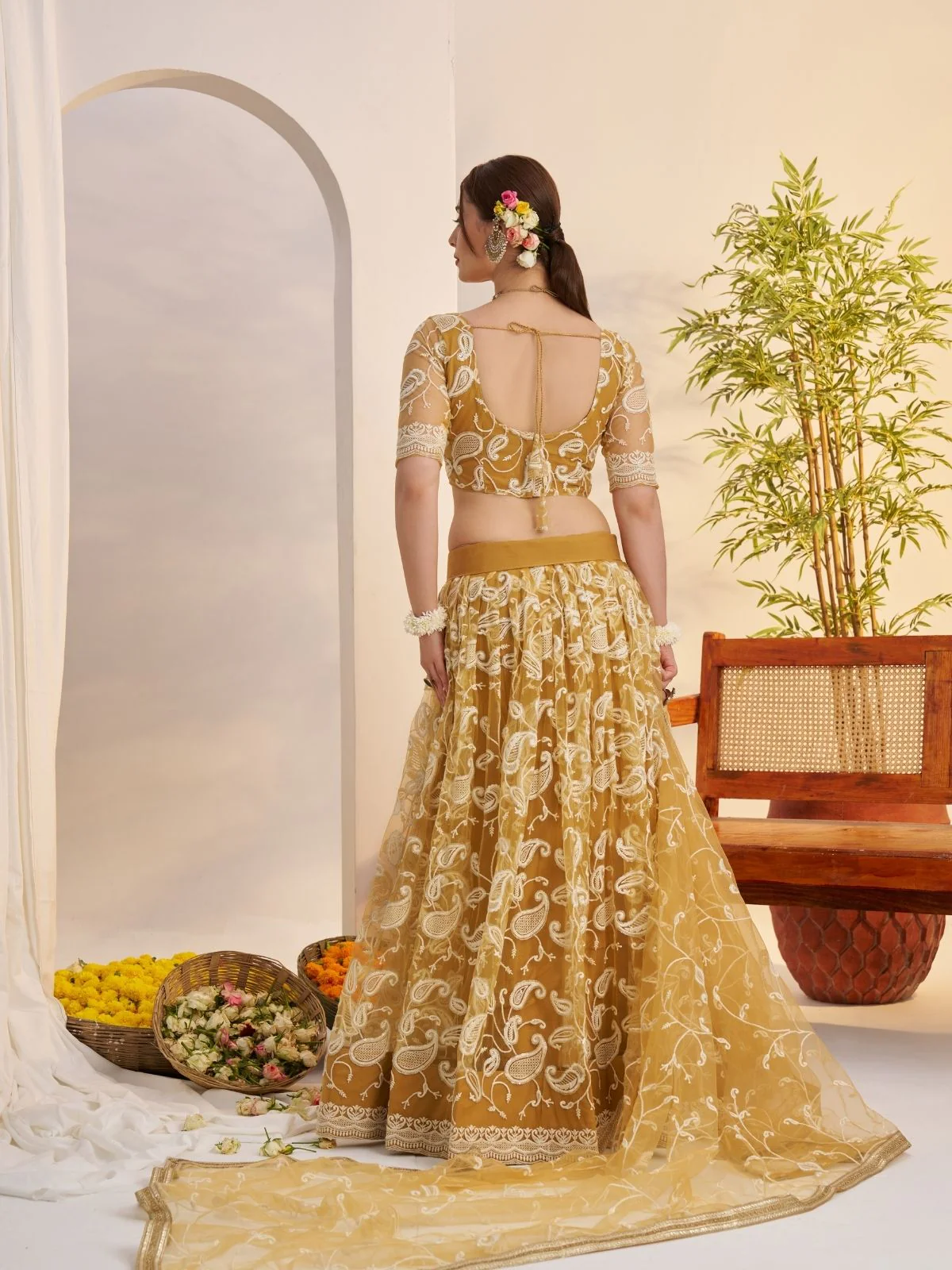Odette Golden Net Embroidered Semi Stitched Lehenga For Women - Image 3