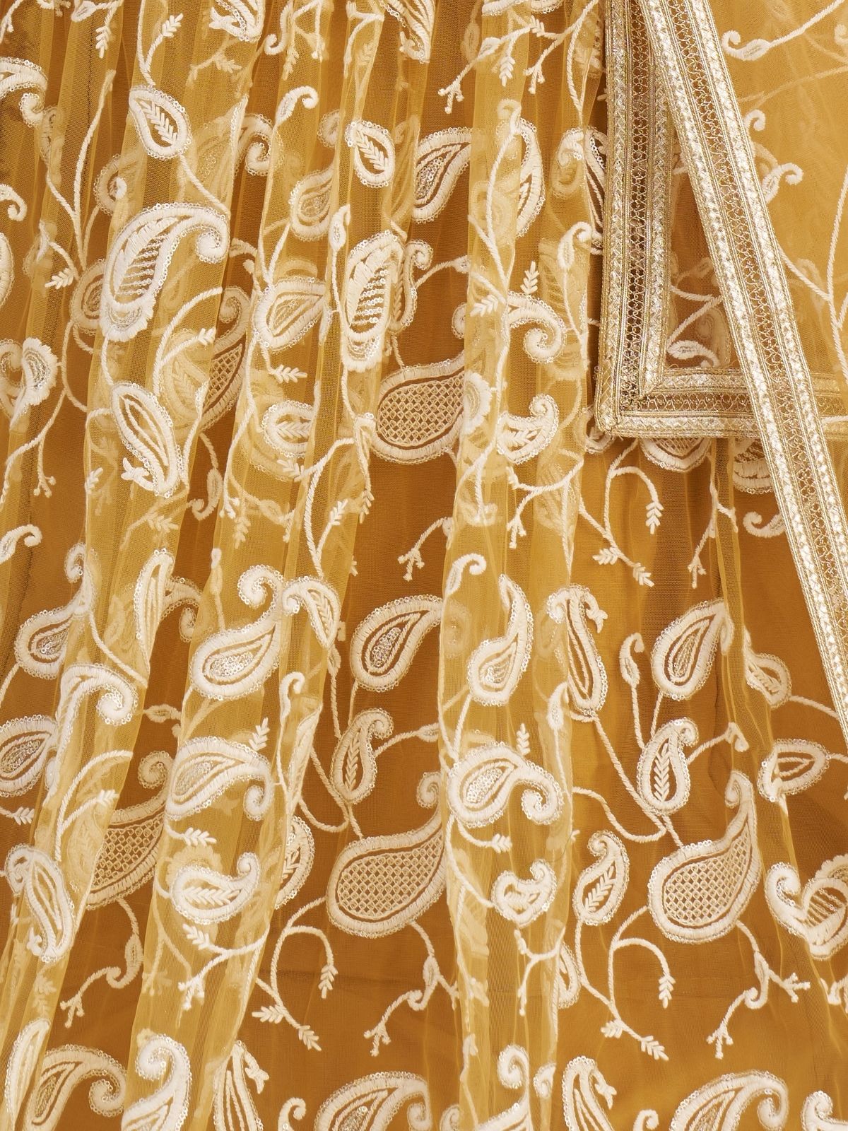 Odette Golden Net Embroidered Semi Stitched Lehenga For Women - Image 5