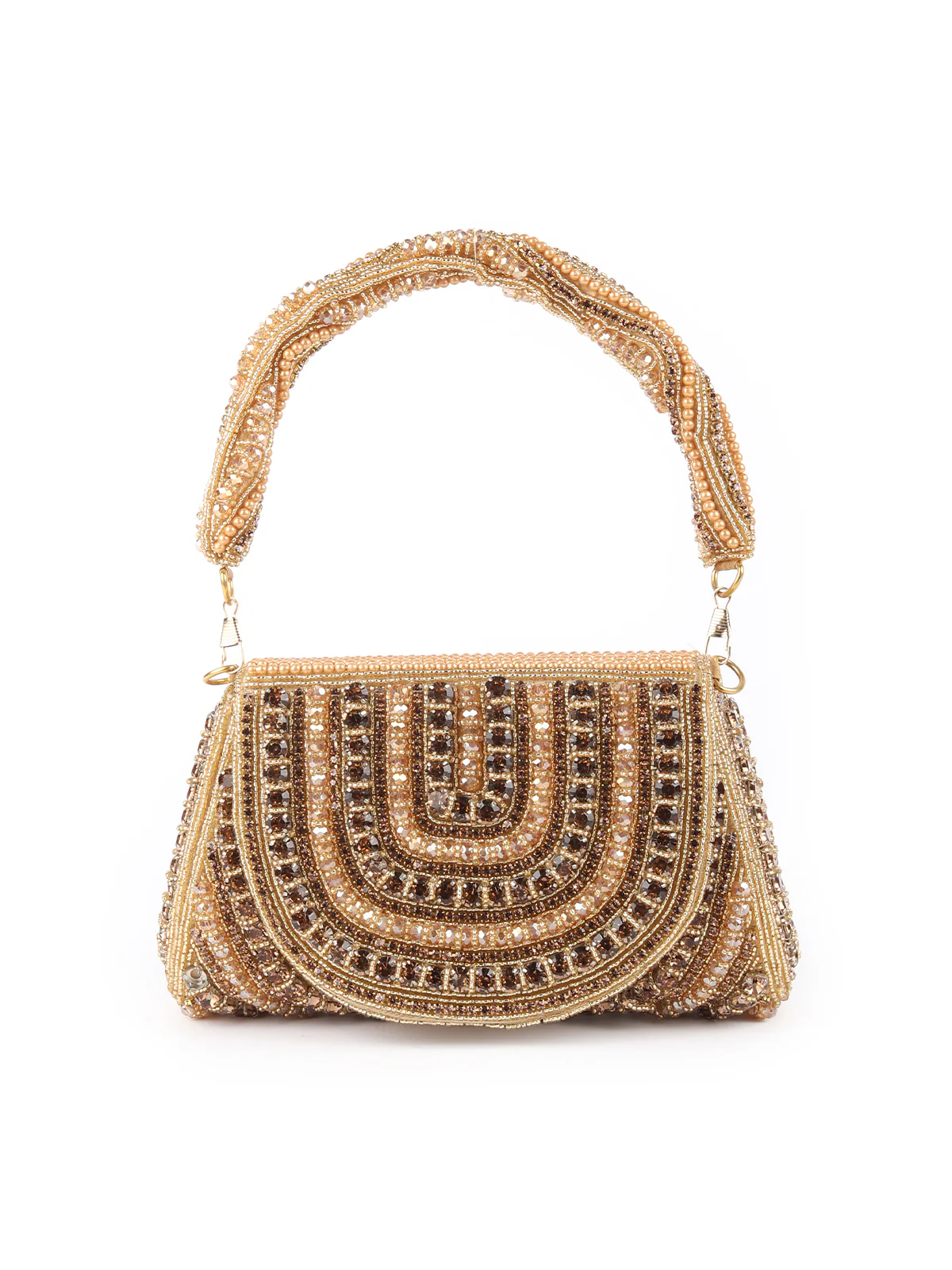 Odette Golden Pearls Embroidered Structured Clutch For Women - Image 3