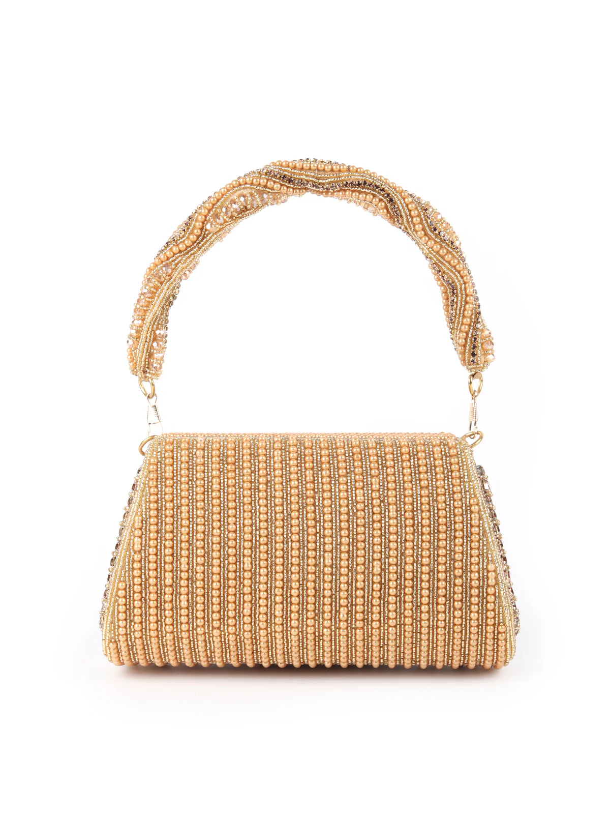 Odette Golden Pearls Embroidered Structured Clutch For Women - Image 5