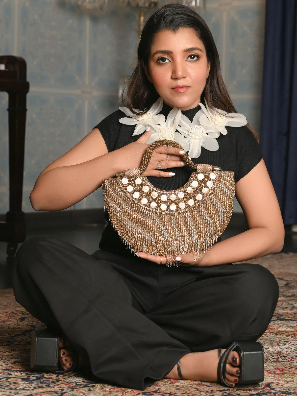 Odette Golden Polyester Encompassing With Bead And  Stone Hand Bag For Women - Image 2