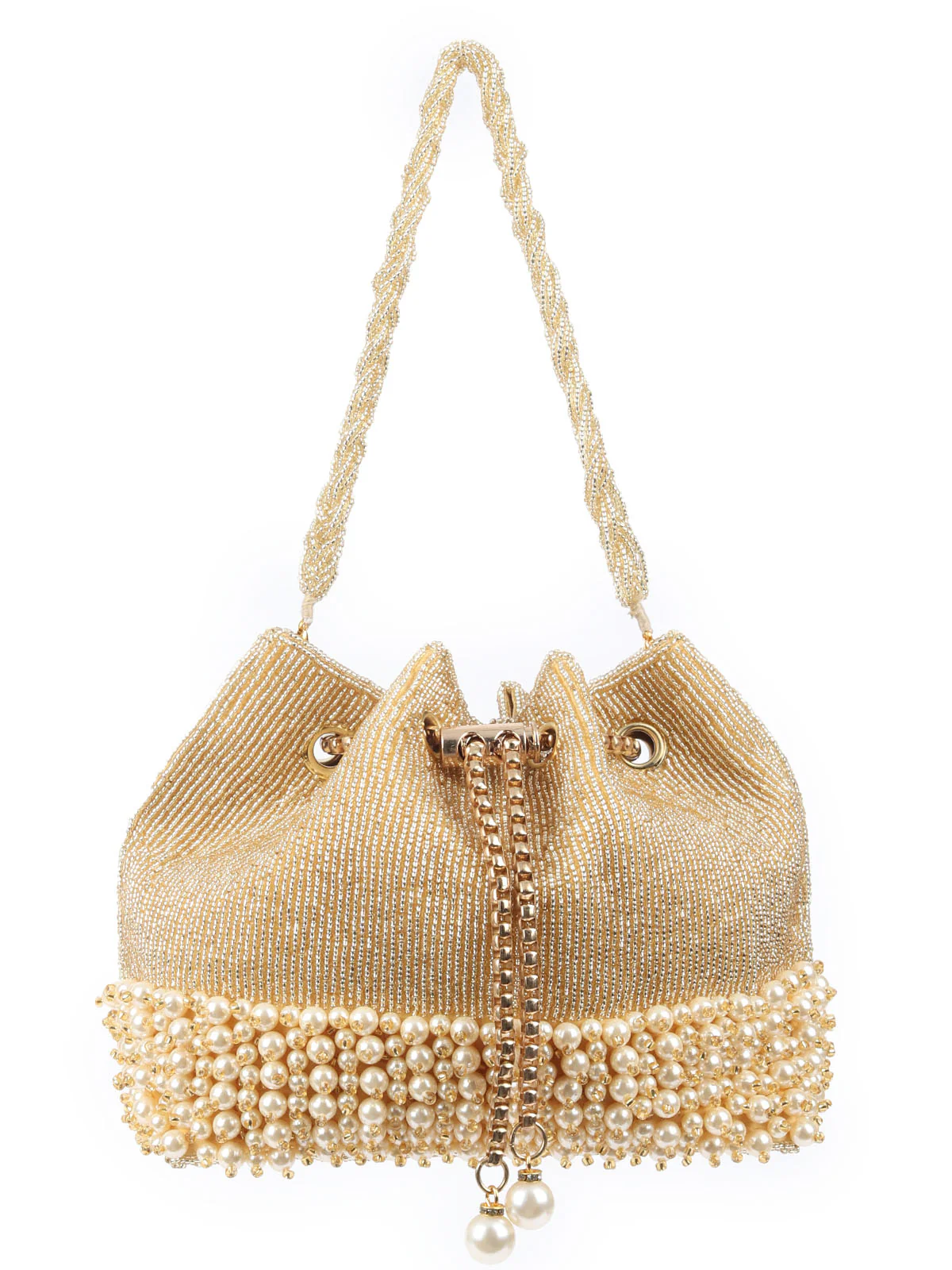 Odette Golden Raw Silk Beads And Pearl With Metallic Potli For Women - Image 3