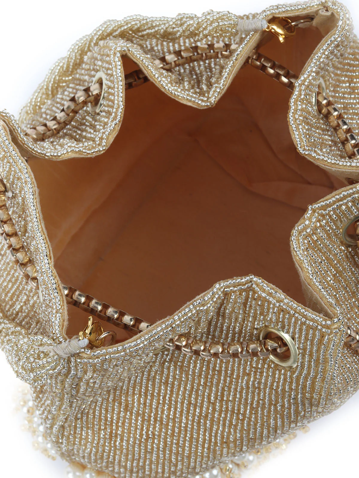 Odette Golden Raw Silk Beads And Pearl With Metallic Potli For Women - Image 6
