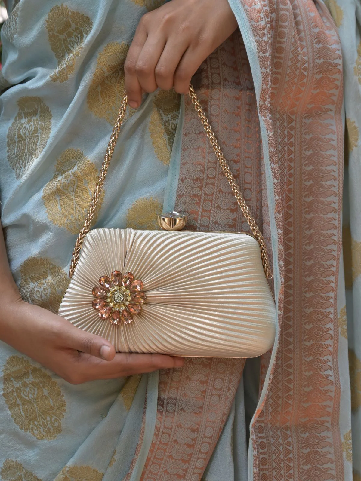 Odette Golden Ruched And Embellished Clutch For Women - Image 2