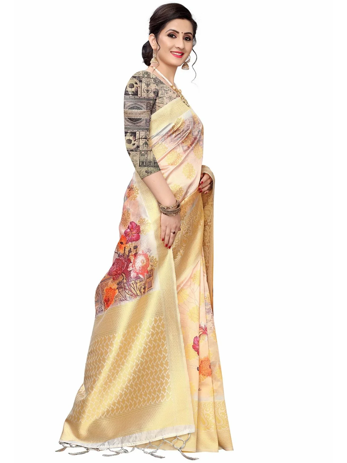 Odette Golden Silk Blend Floral Printed Saree For Women - Image 2