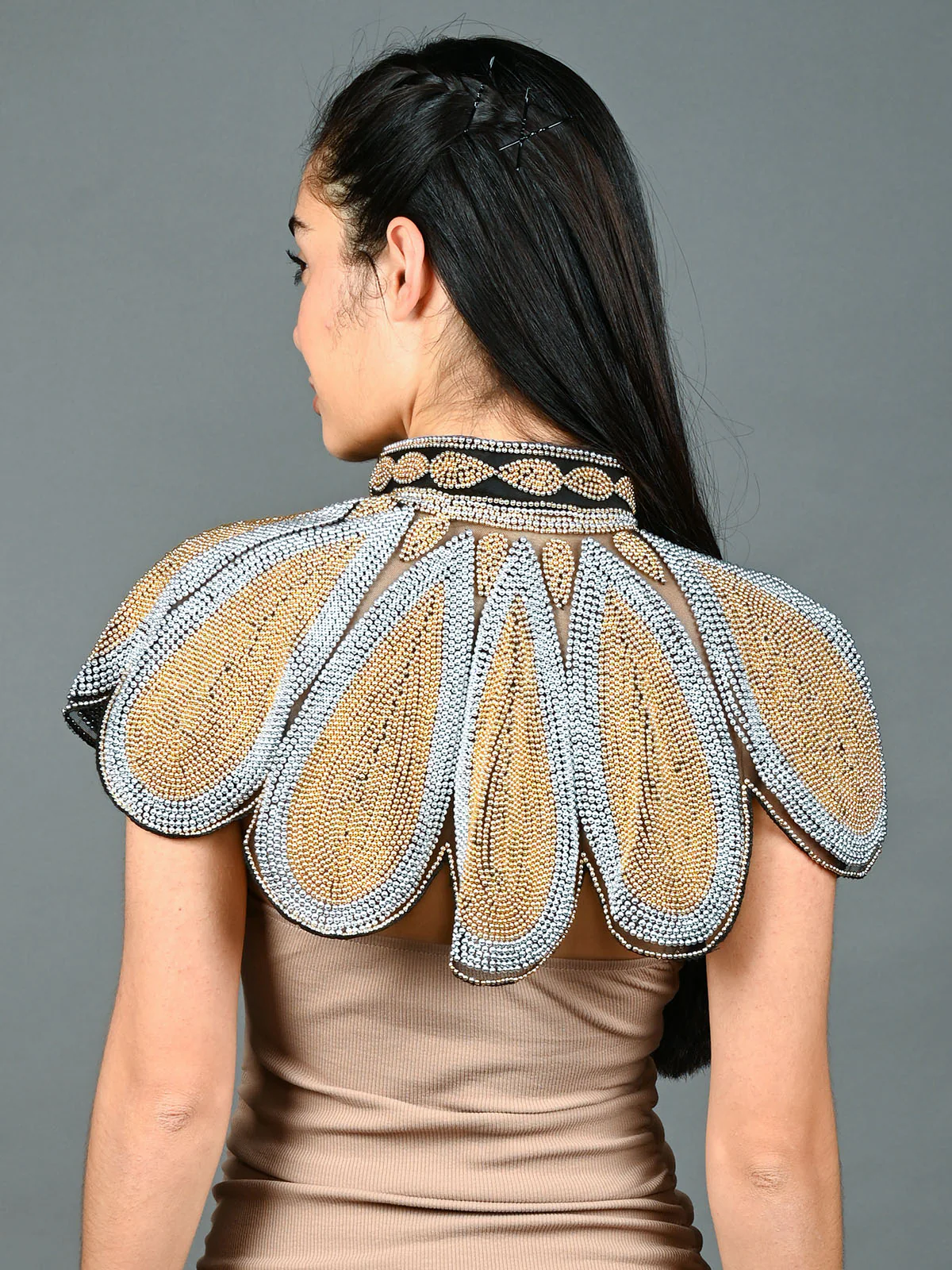 Odette Golden & Silver Net Embellished Cape For Women - Image 3
