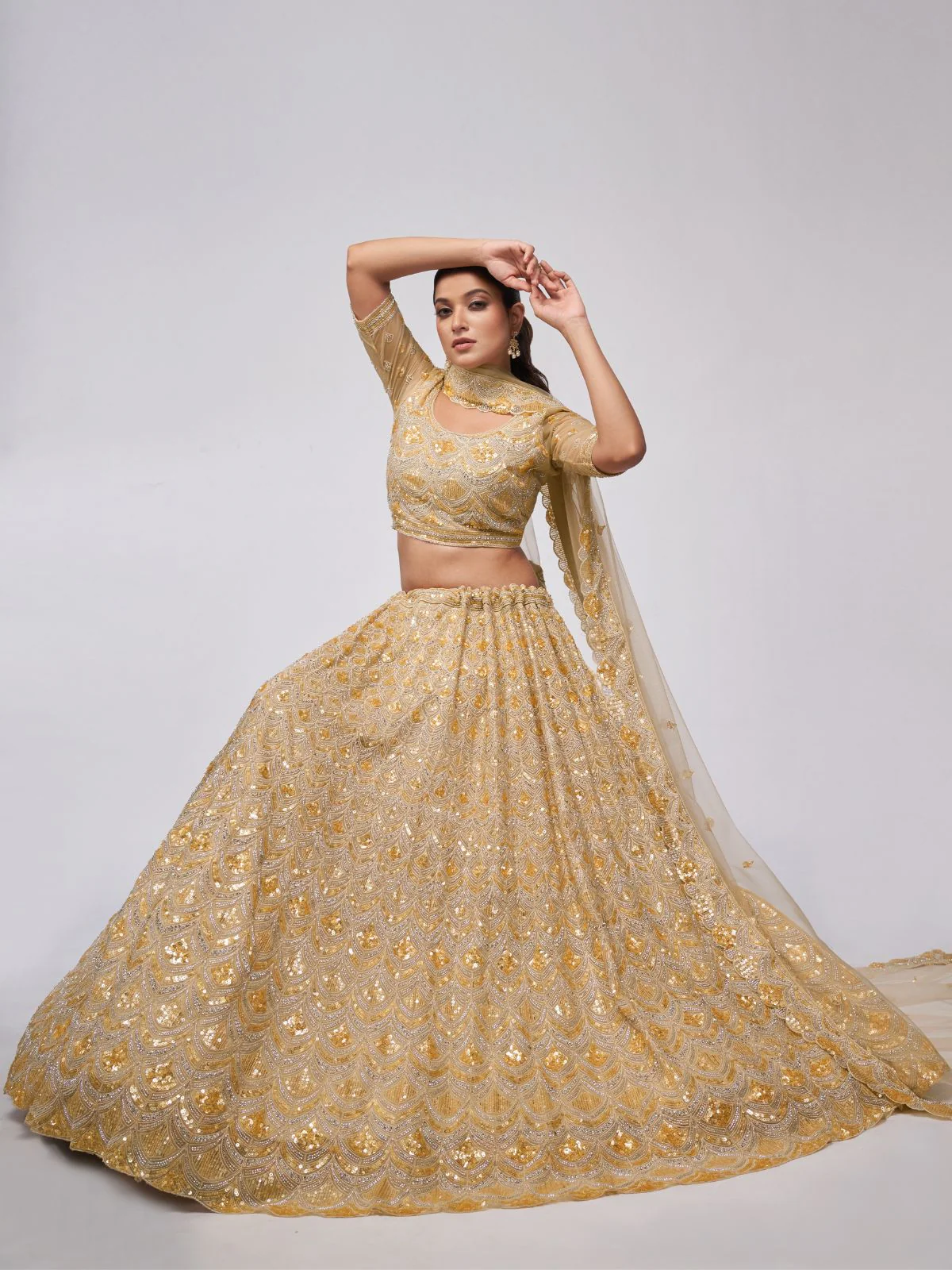 Odette Golden Soft Net Embroidered Semi Stitched Lehenga With Unstitched Blouse For Women - Image 2