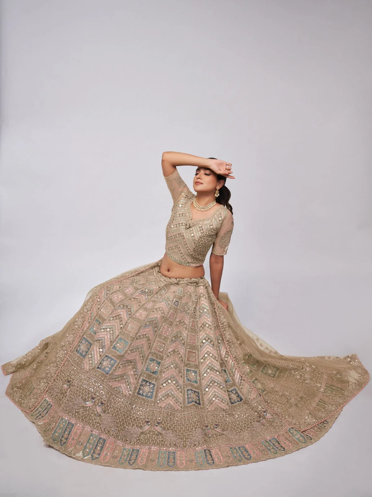 Odette Golden Soft Net Embroidered Semi Stitched Lehenga With Unstitched Blouse For Women - Image 2