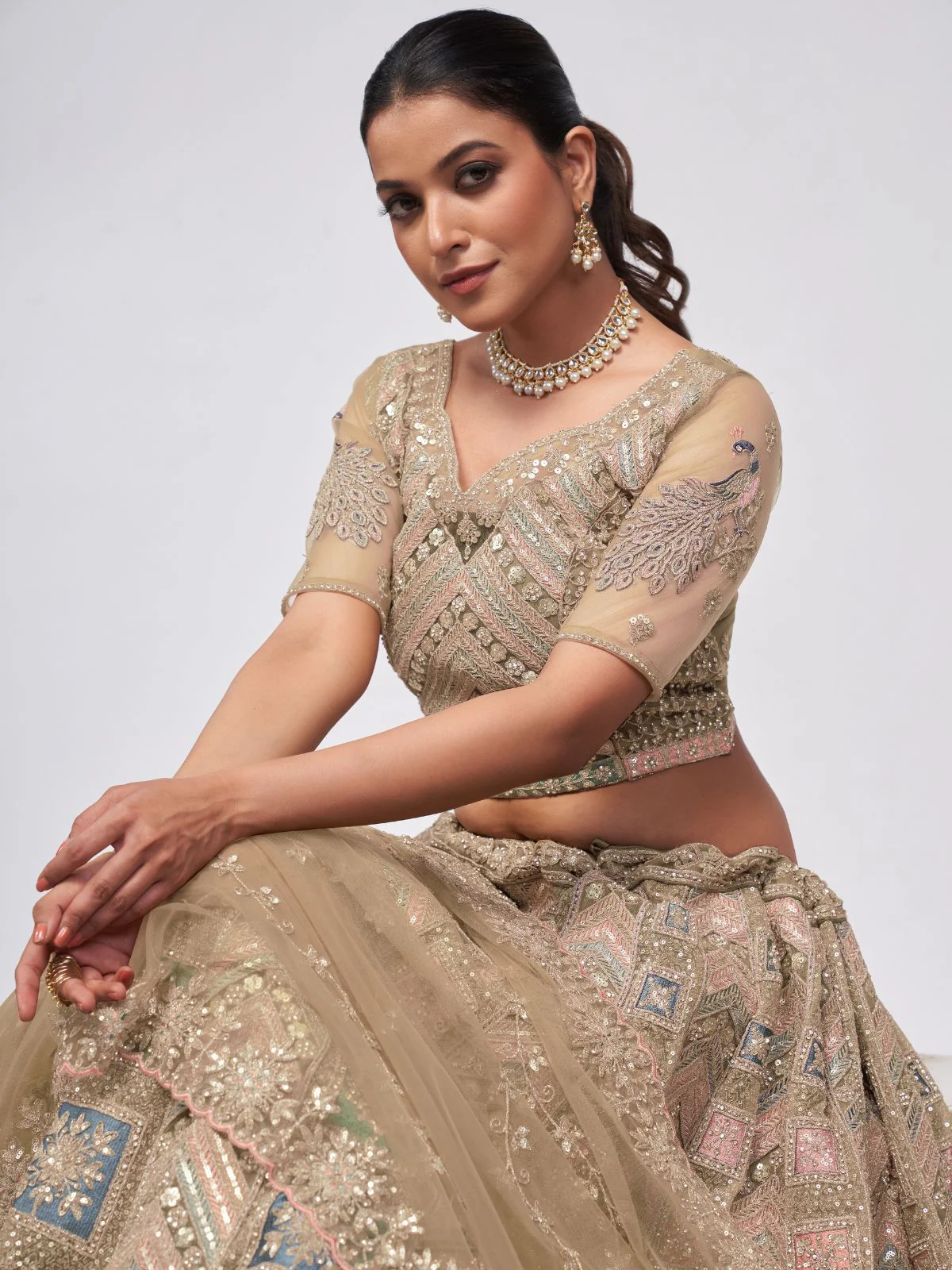 Odette Golden Soft Net Embroidered Semi Stitched Lehenga With Unstitched Blouse For Women - Image 3