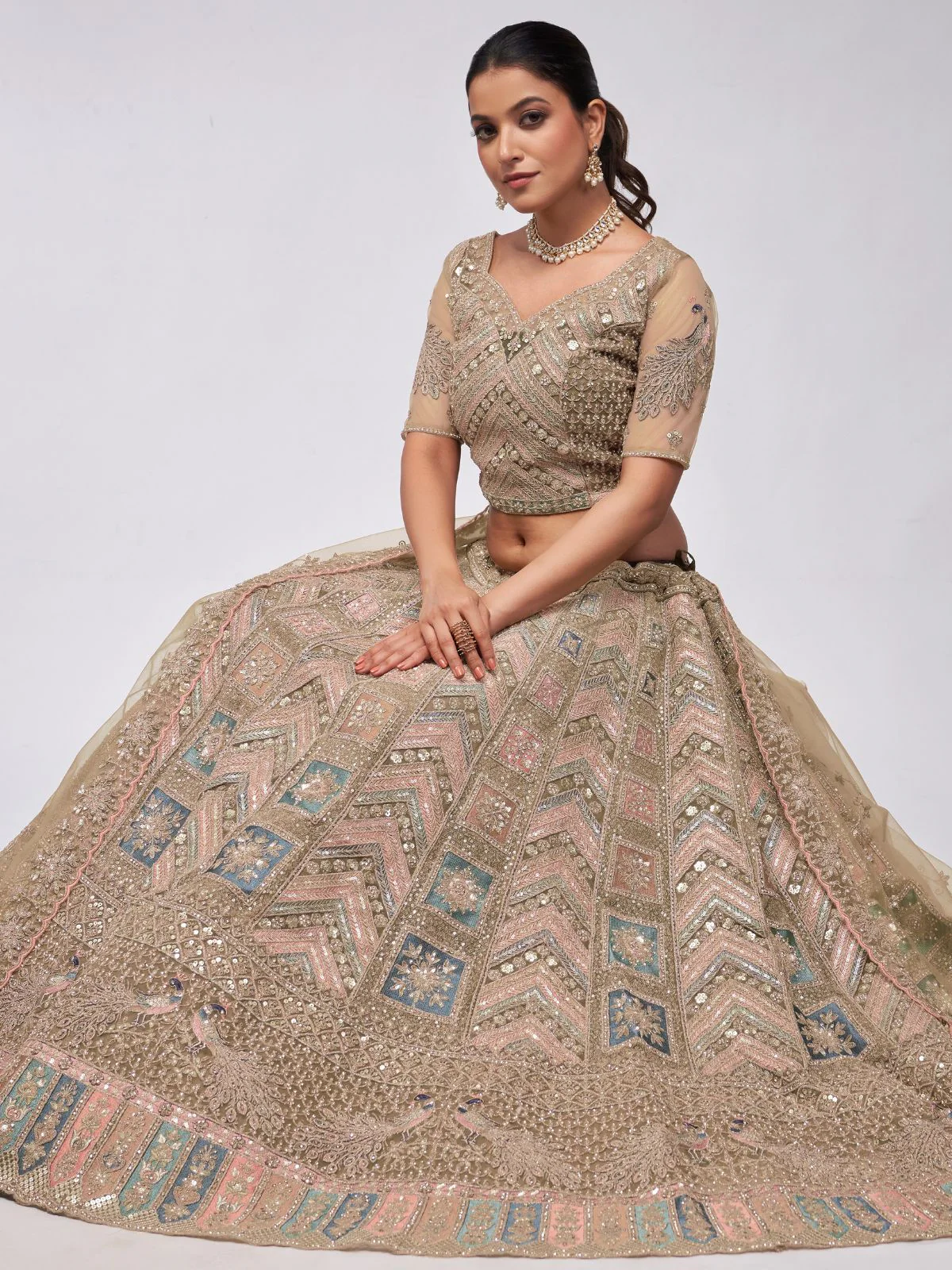 Odette Golden Soft Net Embroidered Semi Stitched Lehenga With Unstitched Blouse For Women - Image 4
