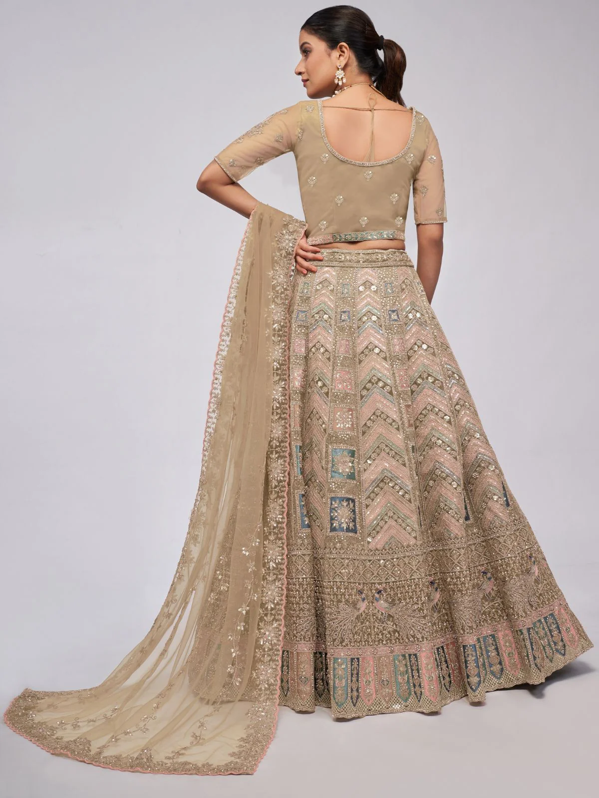 Odette Golden Soft Net Embroidered Semi Stitched Lehenga With Unstitched Blouse For Women - Image 5