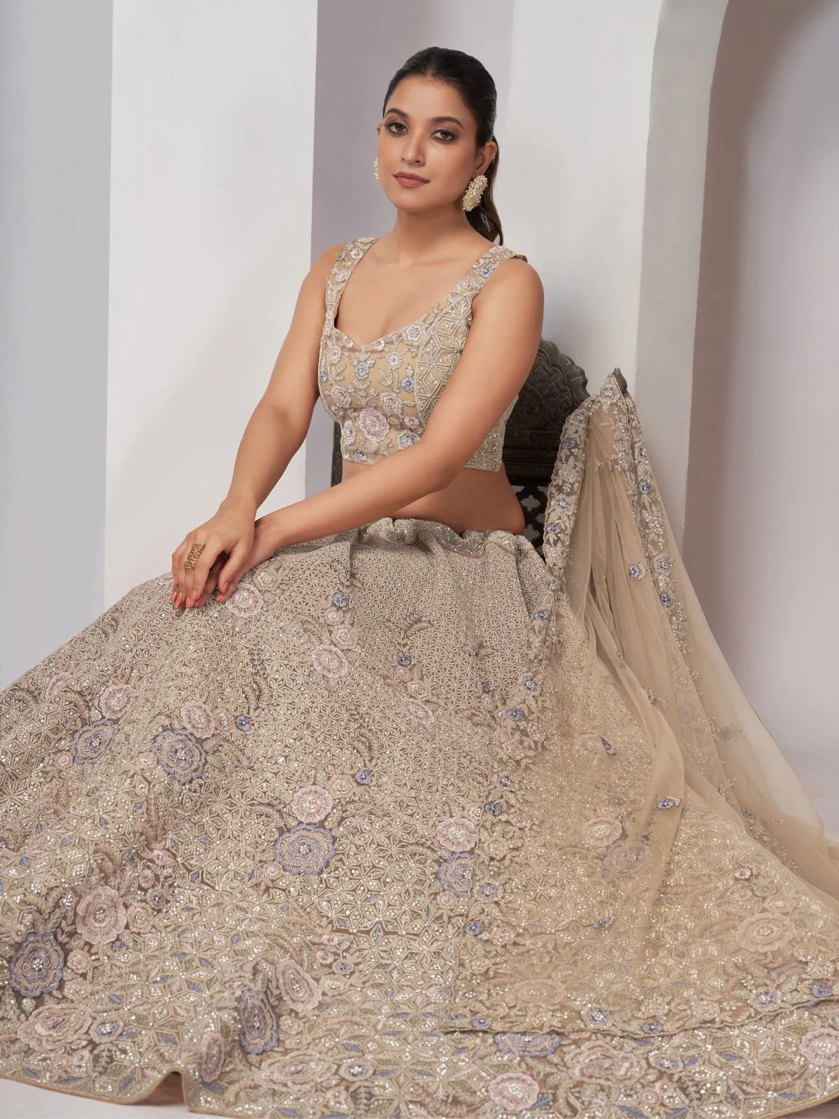 Odette Golden Soft Net Embroidered Semi Stitched Lehenga With Unstitched Blouse For Women - Image 4