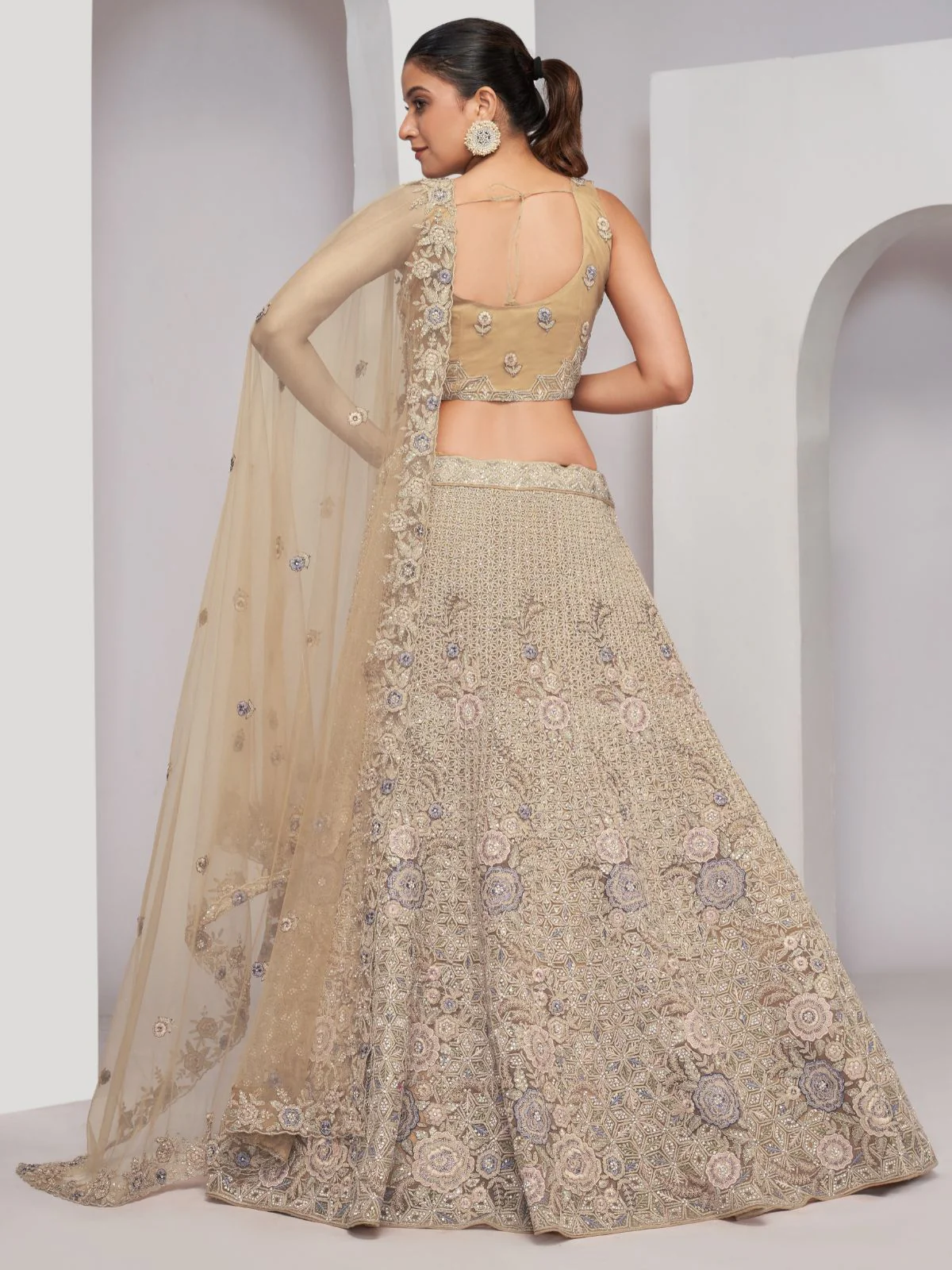 Odette Golden Soft Net Embroidered Semi Stitched Lehenga With Unstitched Blouse For Women - Image 5