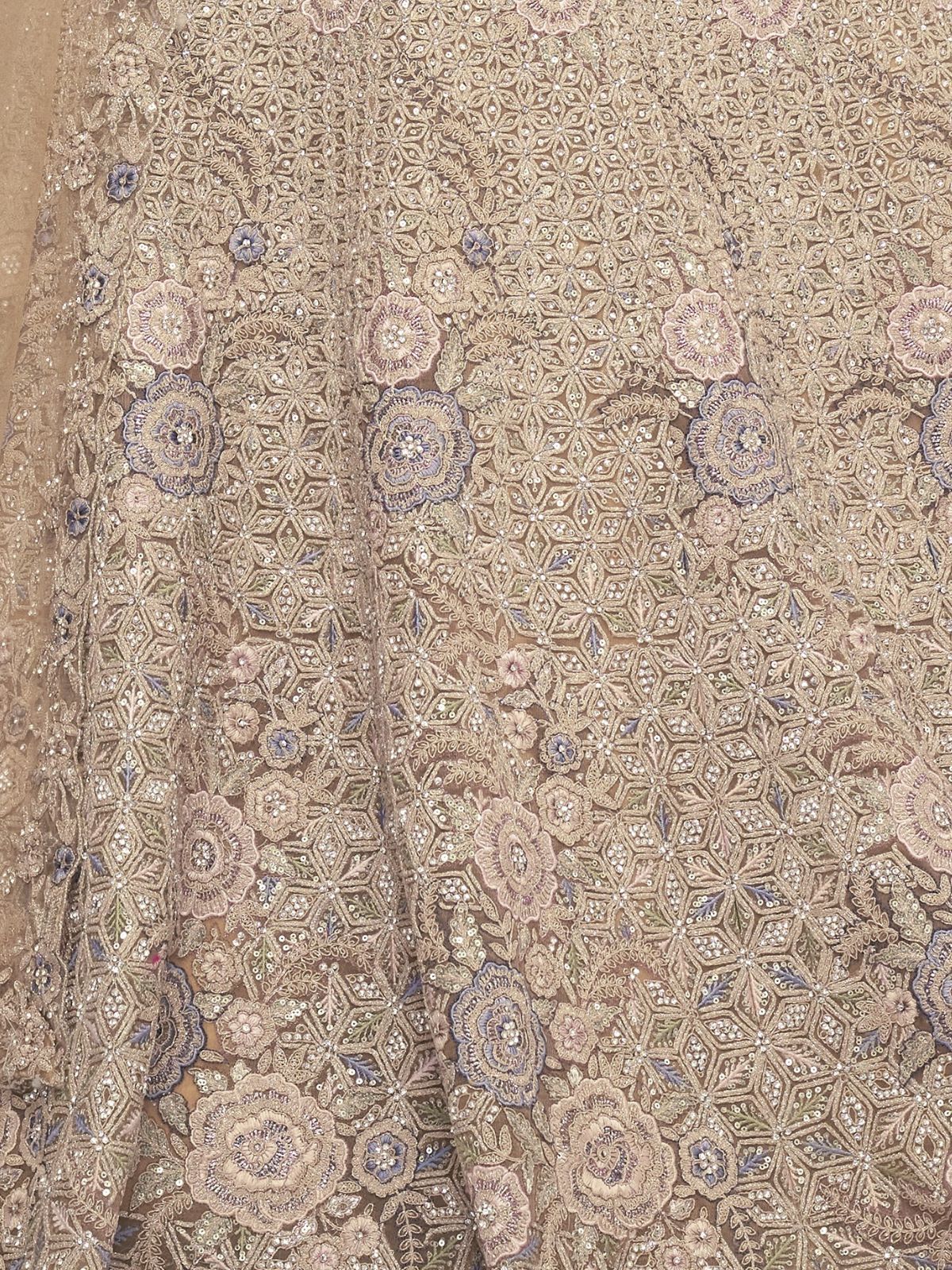 Odette Golden Soft Net Embroidered Semi Stitched Lehenga With Unstitched Blouse For Women - Image 6