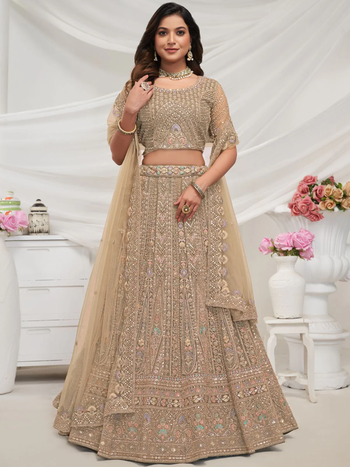 Odette Golden Soft Net Embroidered Semi Stitched Lehenga With Unstitched Blouse For Women - Image 2
