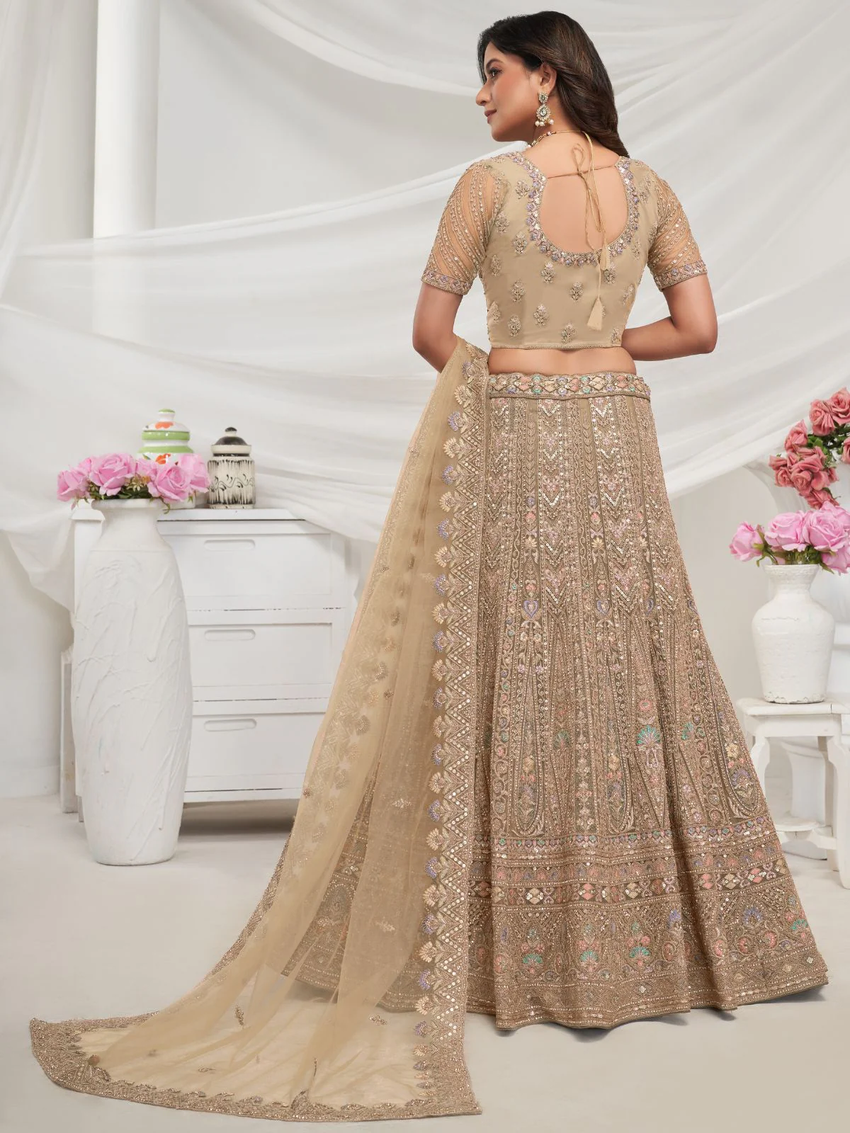 Odette Golden Soft Net Embroidered Semi Stitched Lehenga With Unstitched Blouse For Women - Image 5