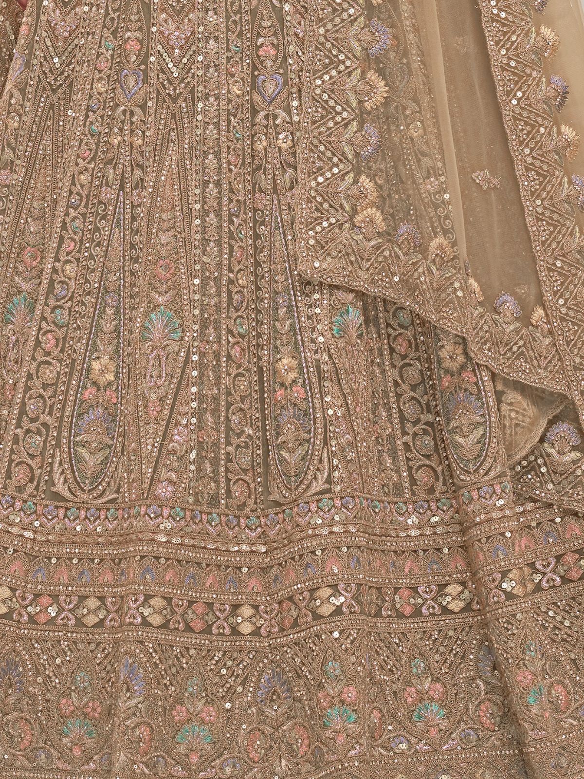 Odette Golden Soft Net Embroidered Semi Stitched Lehenga With Unstitched Blouse For Women - Image 6