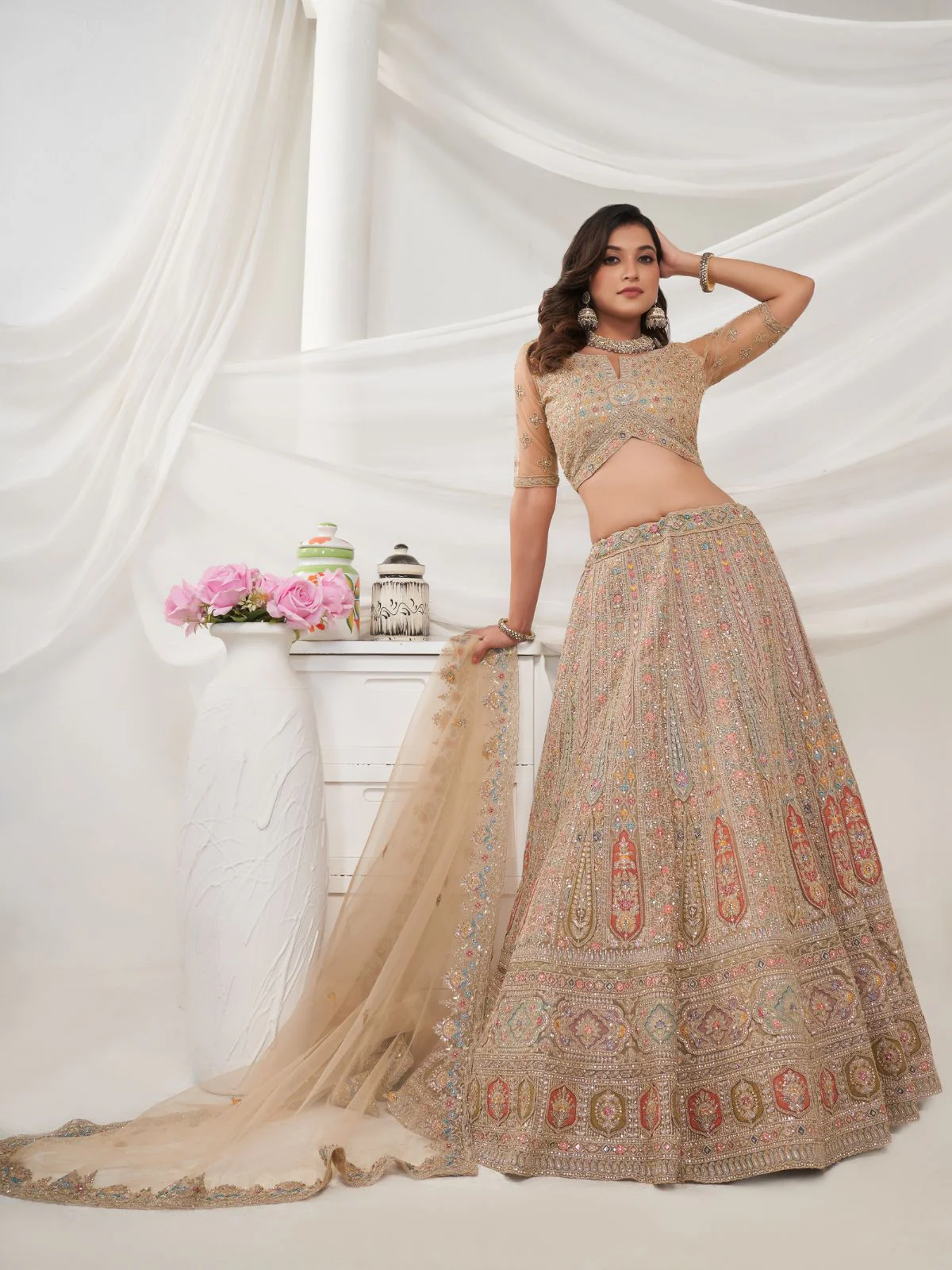 Odette Golden Soft Net Embroidered Semi Stitched Lehenga With Unstitched Blouse For Women - Image 2