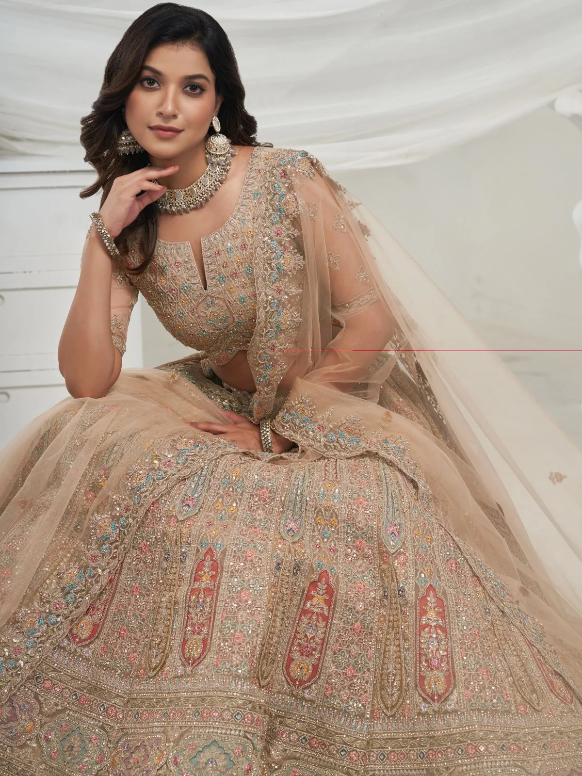 Odette Golden Soft Net Embroidered Semi Stitched Lehenga With Unstitched Blouse For Women - Image 3