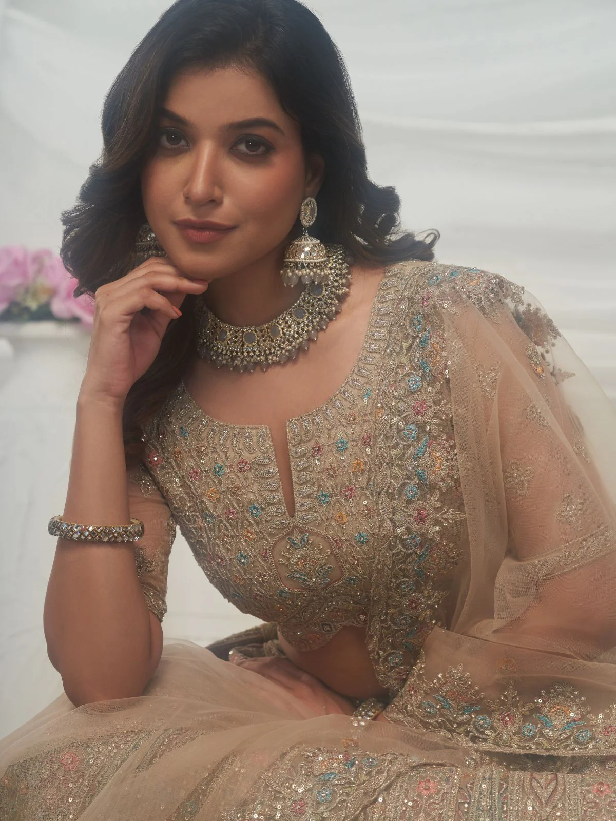 Odette Golden Soft Net Embroidered Semi Stitched Lehenga With Unstitched Blouse For Women - Image 5