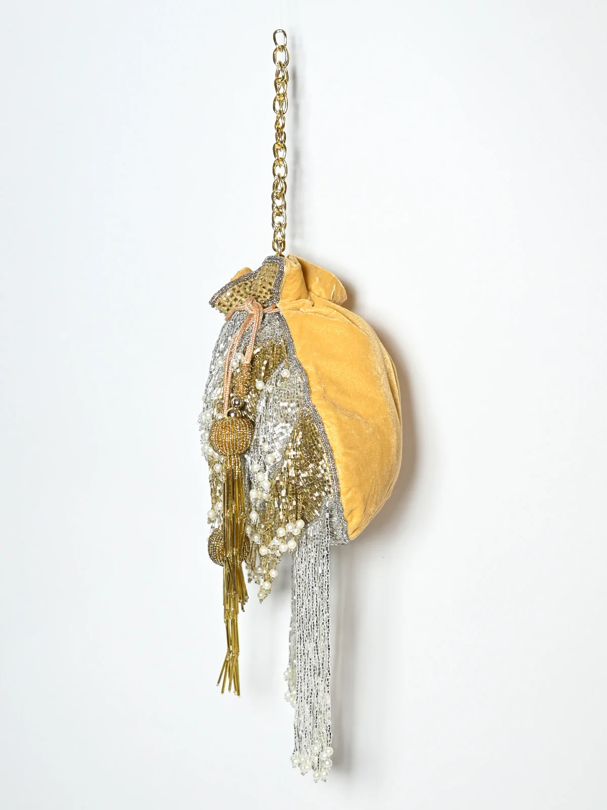 Odette Golden Suede Cutdana And Pearl Embellished Potli For Women - Image 3