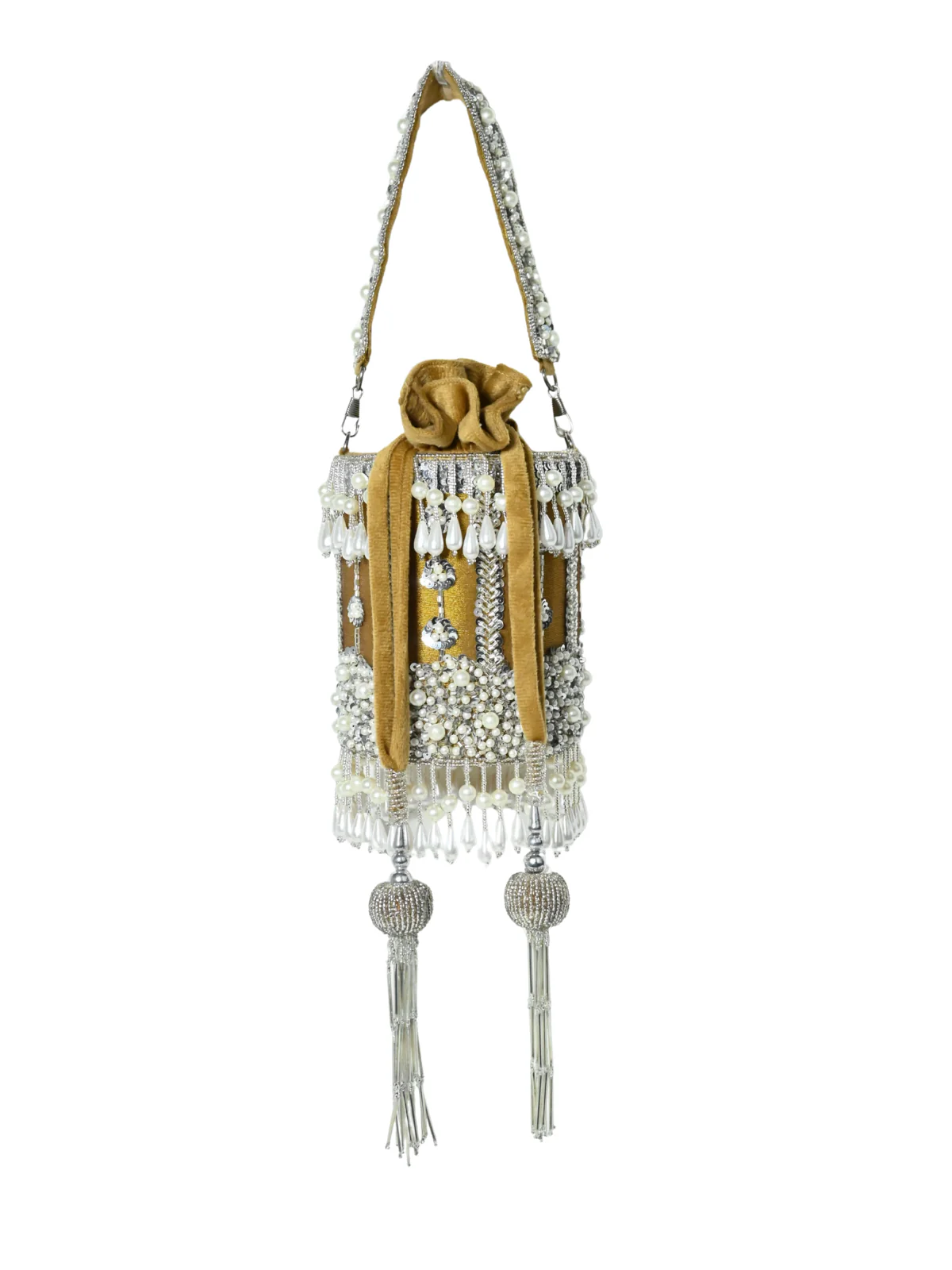 Odette Golden Suede Embellished Potli For Women - Image 3