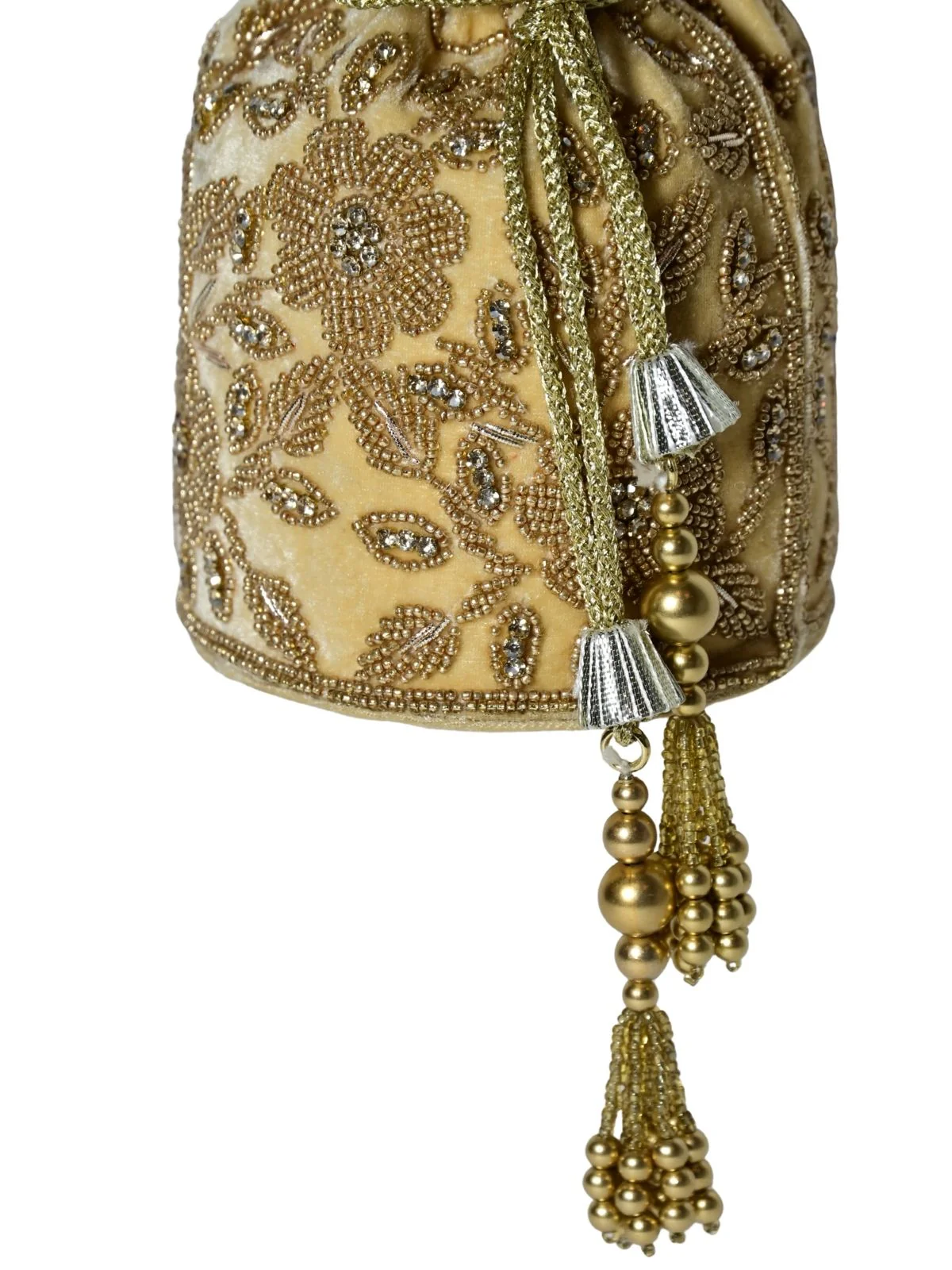 Odette Golden Suede Embellished Potli For Women - Image 7