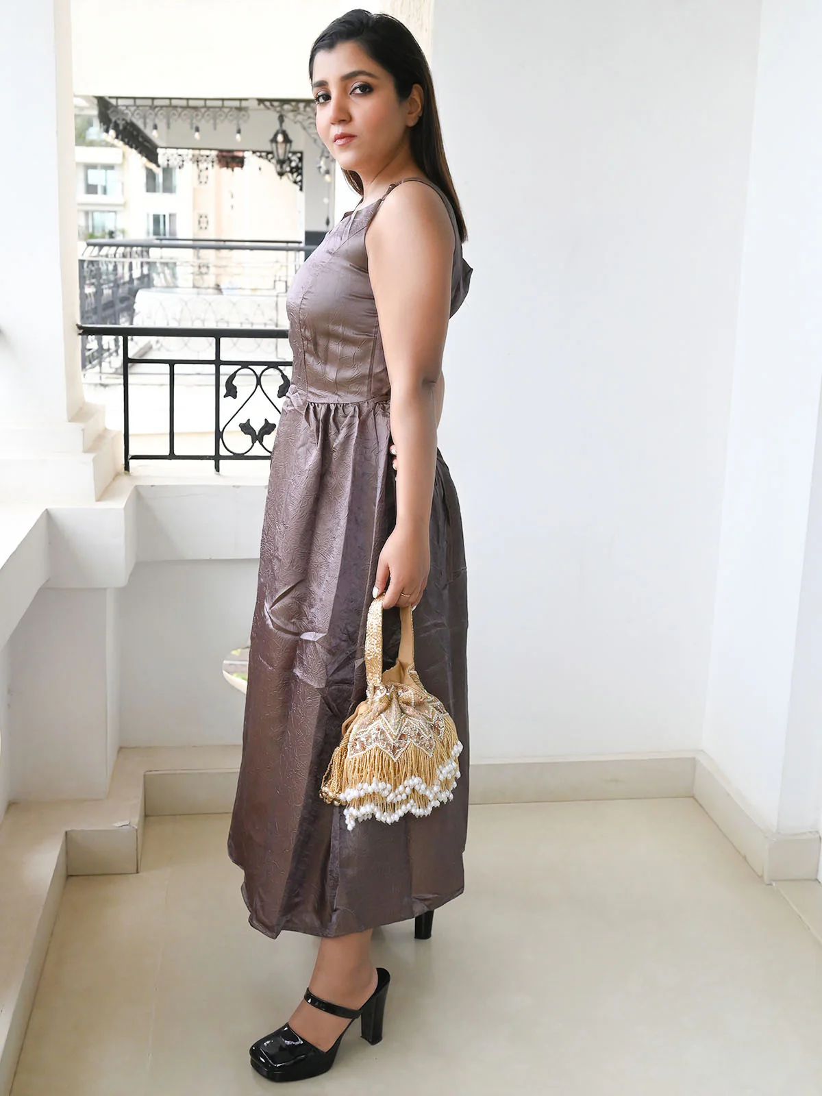 Odette Golden Suede With Sequin And Beads Tassels Potli For Women - Image 2