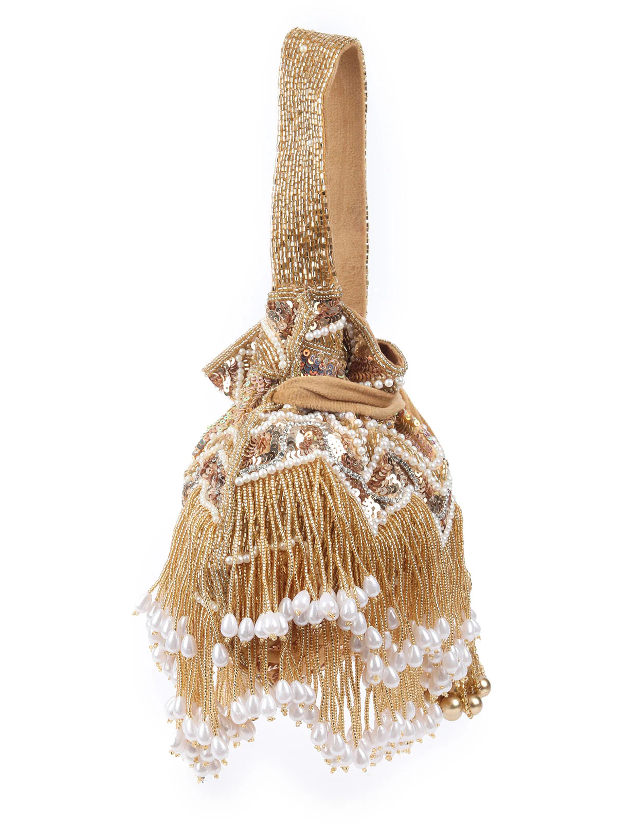 Odette Golden Suede With Sequin And Beads Tassels Potli For Women - Image 4