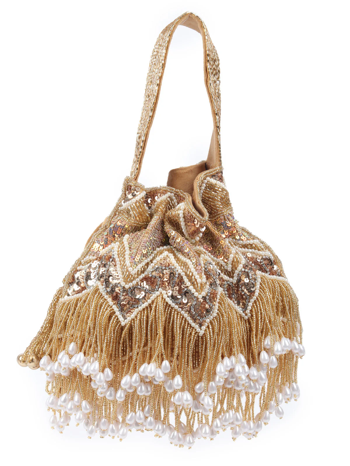 Odette Golden Suede With Sequin And Beads Tassels Potli For Women - Image 5