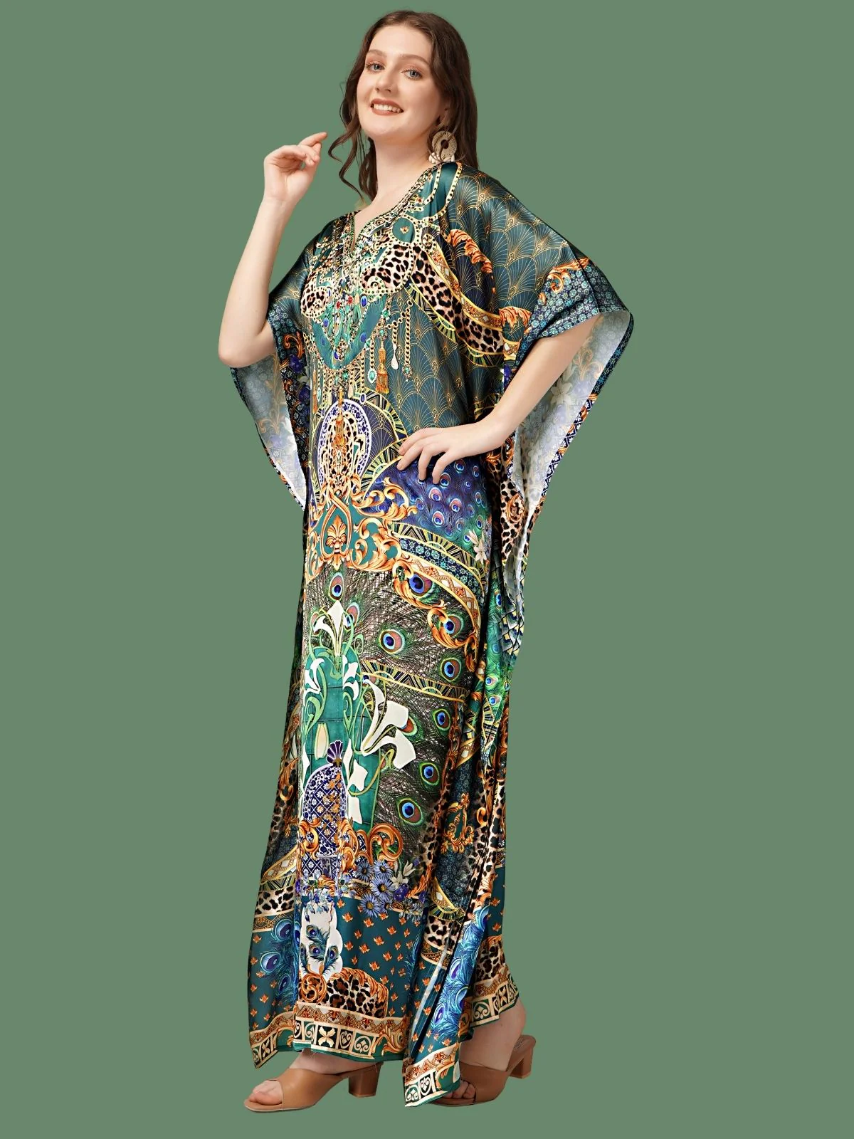 Odette Green And Blue Satin Printed Kaftan For Women - Image 2