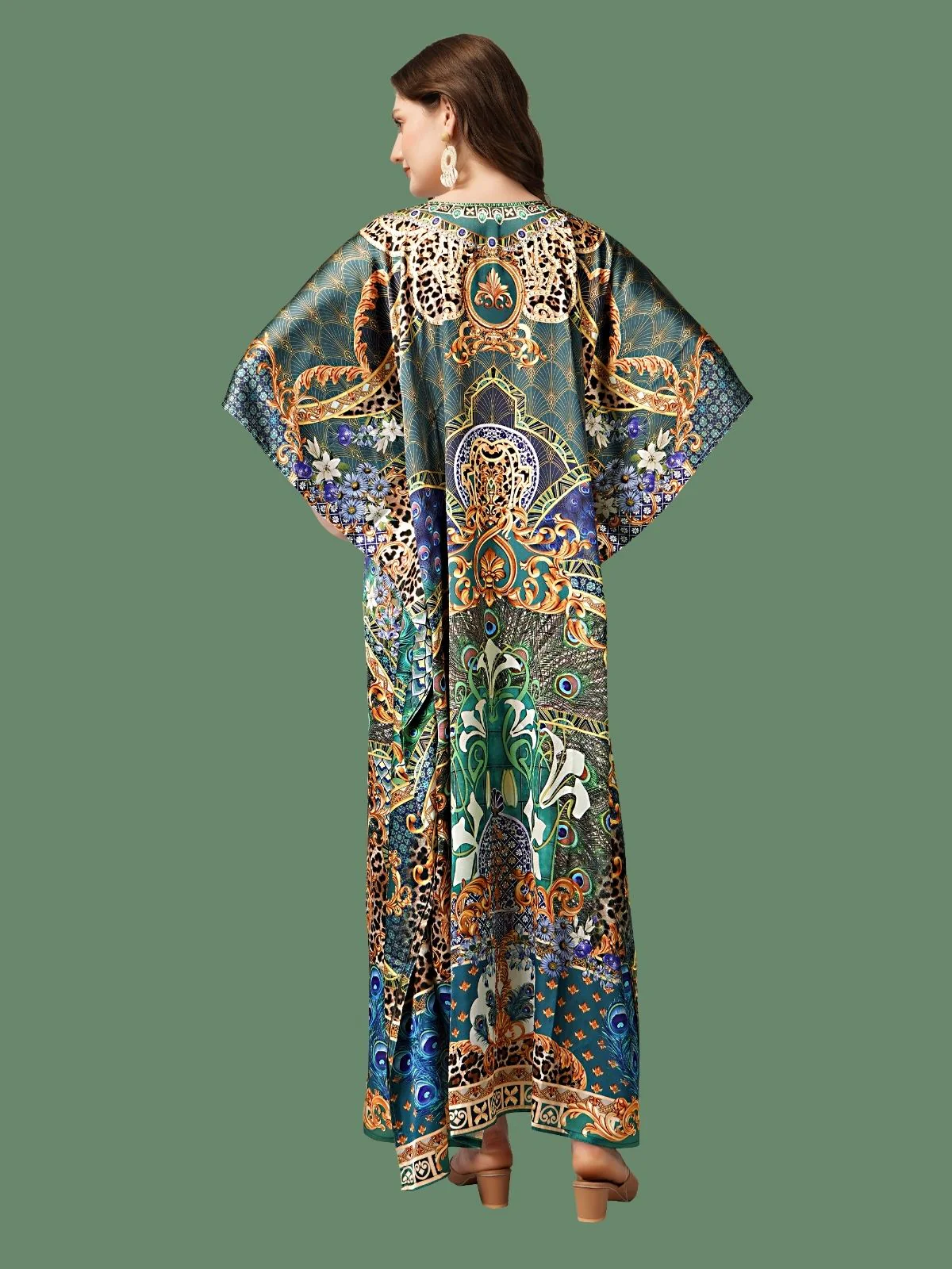 Odette Green And Blue Satin Printed Kaftan For Women - Image 3