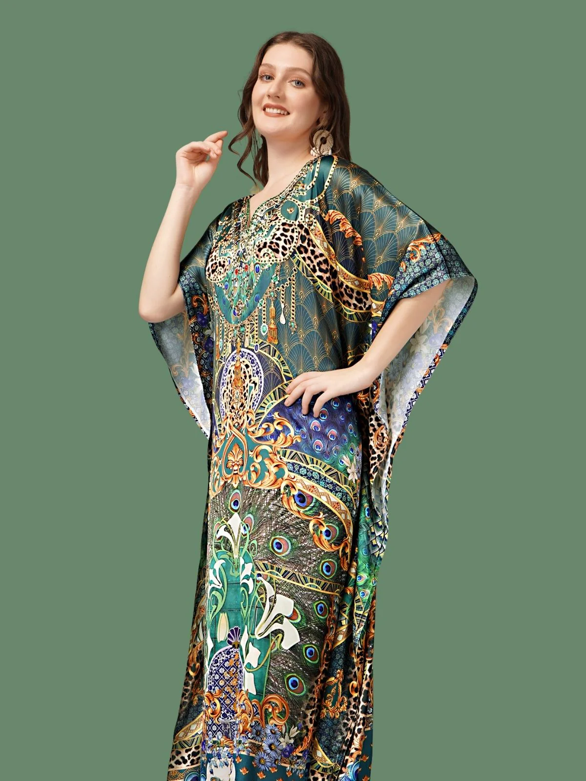 Odette Green And Blue Satin Printed Kaftan For Women - Image 4