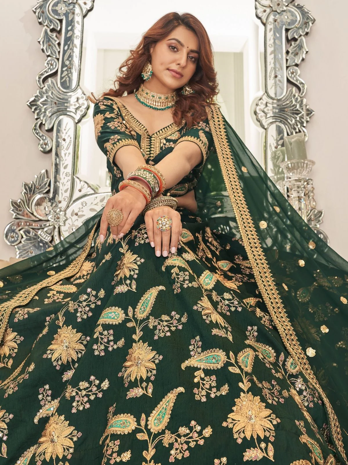 Odette Green And Gold Art Silk Embroidered Semi Stitched Lehenga With Blouse For Women - Image 2
