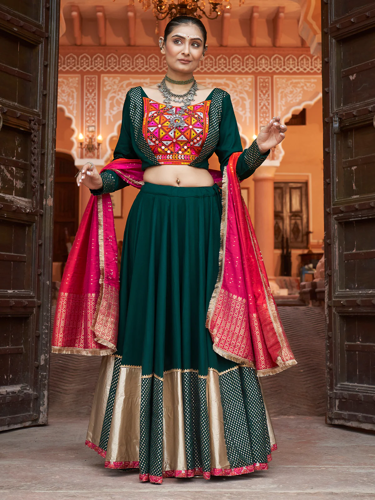 Odette Green And Gold Rayon Printed Stitched Lehenga With Blouse For Women - Image 3